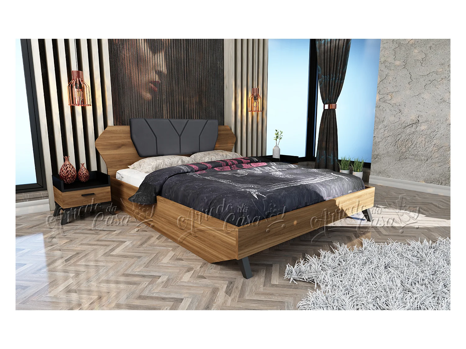 Letto matrimoniale contenitore design moderno con due comodini 200x160 nero e castagno naturale LU2
