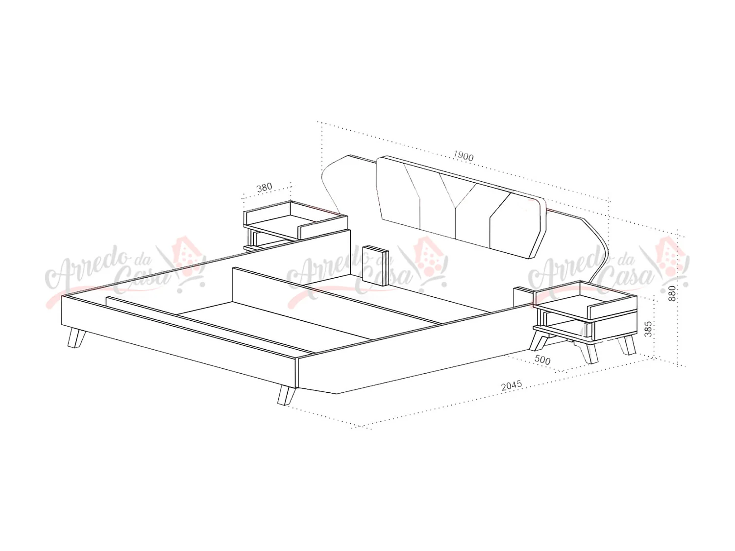 Letto matrimoniale contenitore design moderno con due comodini 200x160 nero e castagno naturale LU2