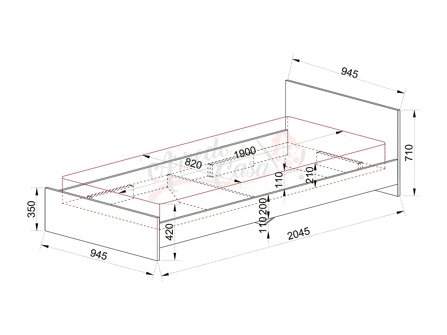 Letto singolo design classico effetto legno 200x90 rovere e bianco lucido LI2006