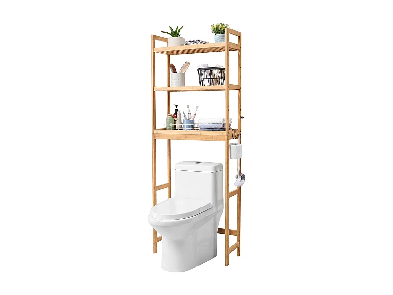 Wc Möbel SucceBuy 3-Stufiger Toiletten-Aufbewahrungsschrank, Einstellbarer Bambus-Organisator mit 3 Haken, Standalone