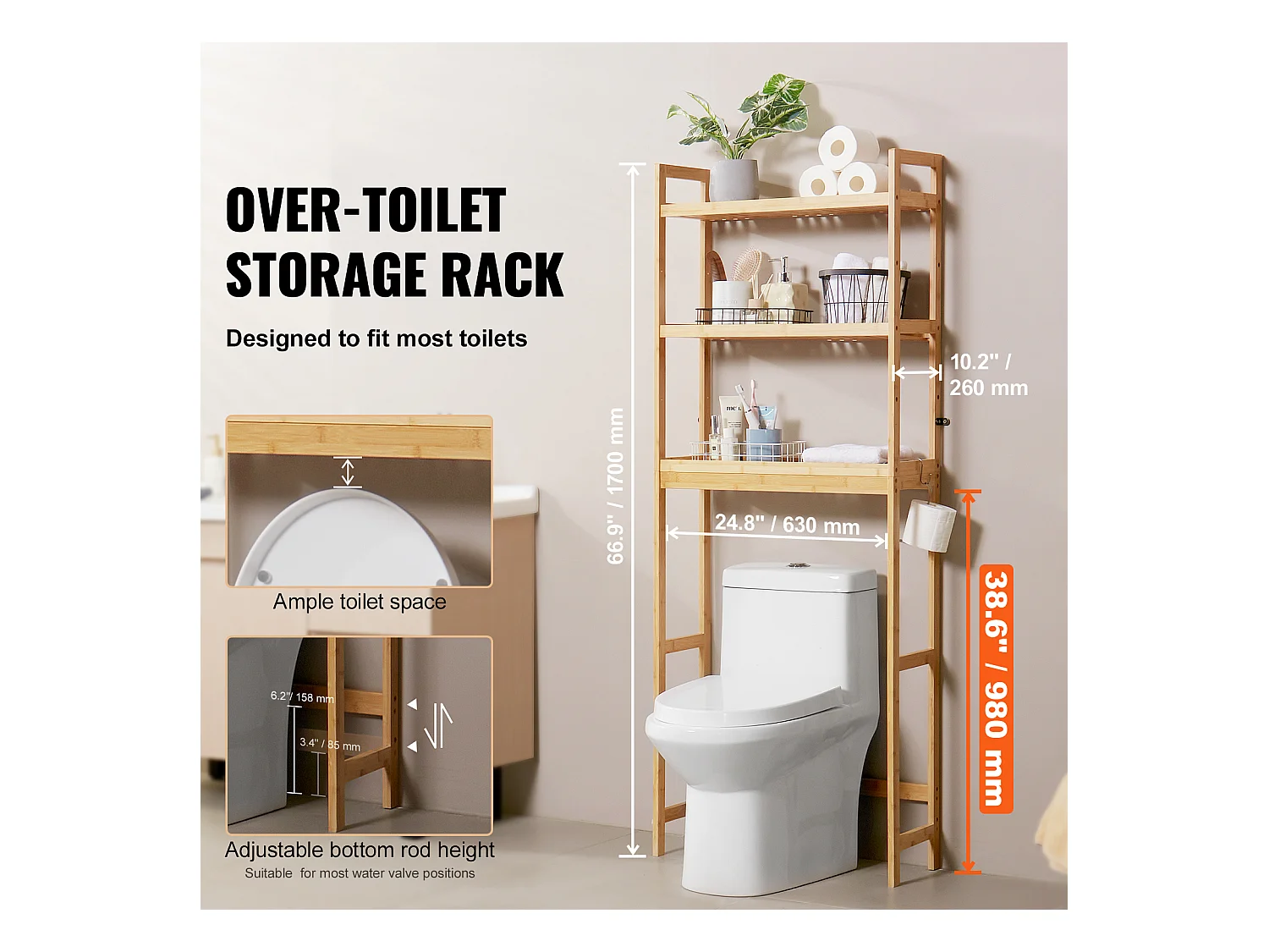 Wc Möbel SucceBuy 3-Stufiger Toiletten-Aufbewahrungsschrank, Einstellbarer Bambus-Organisator mit 3 Haken, Standalone