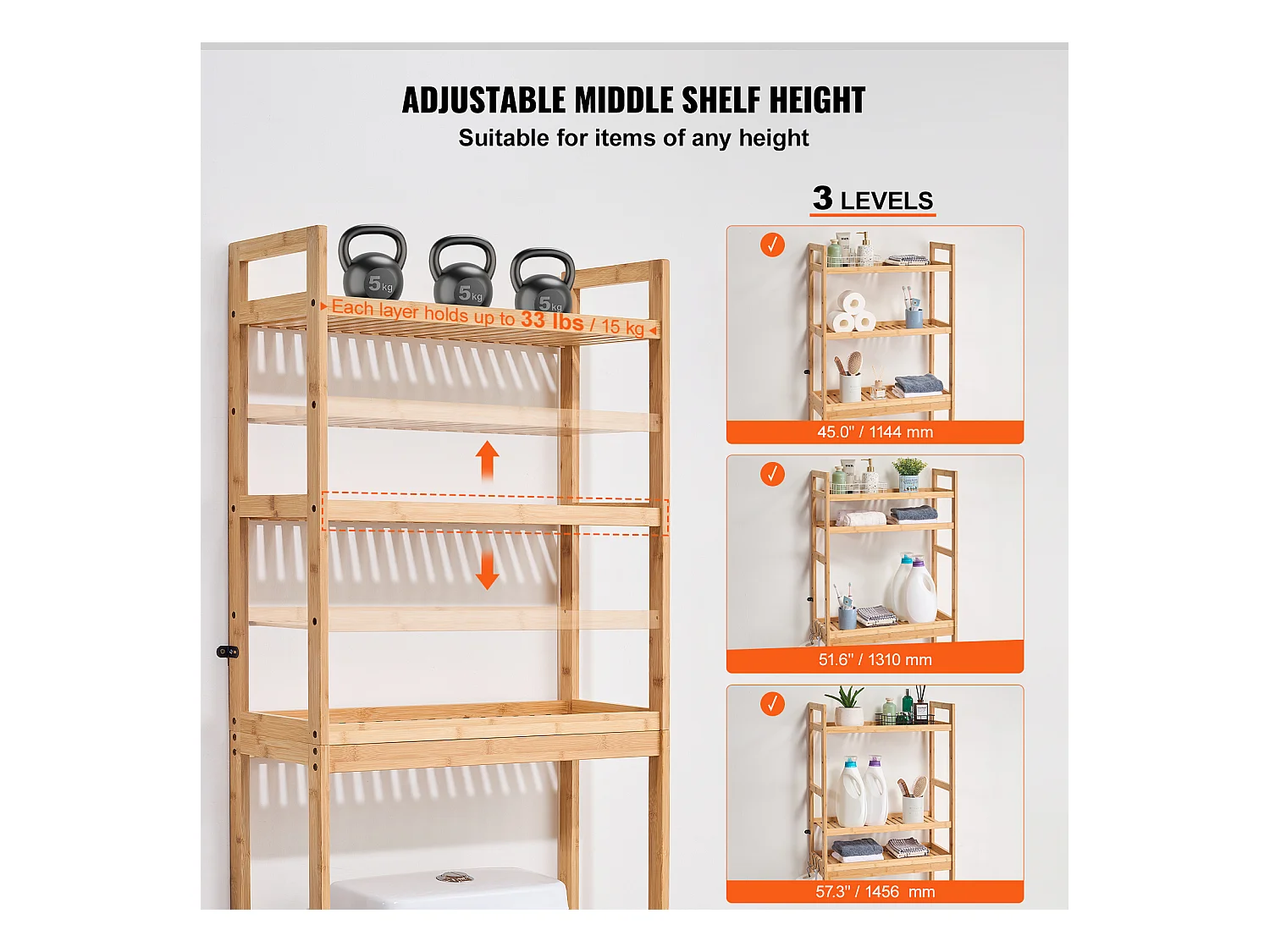Wc Möbel SucceBuy 3-Stufiger Toiletten-Aufbewahrungsschrank, Einstellbarer Bambus-Organisator mit 3 Haken, Standalone