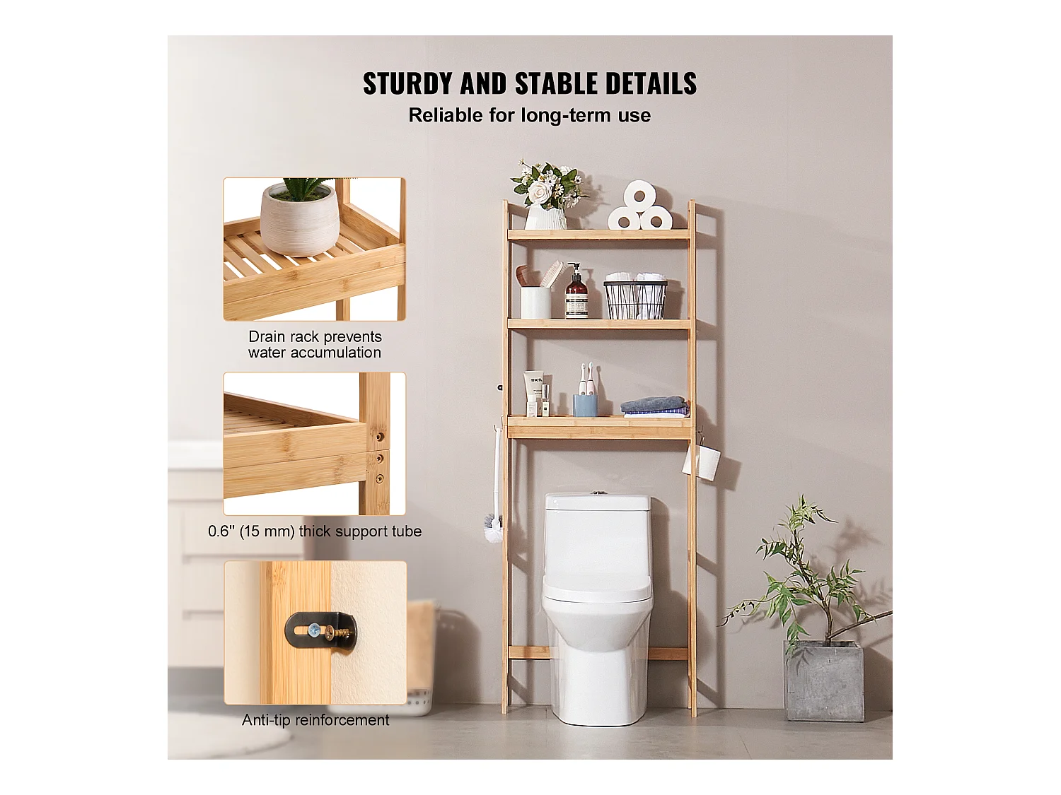 Wc Möbel SucceBuy 3-Stufiger Toiletten-Aufbewahrungsschrank, Einstellbarer Bambus-Organisator mit 3 Haken, Standalone