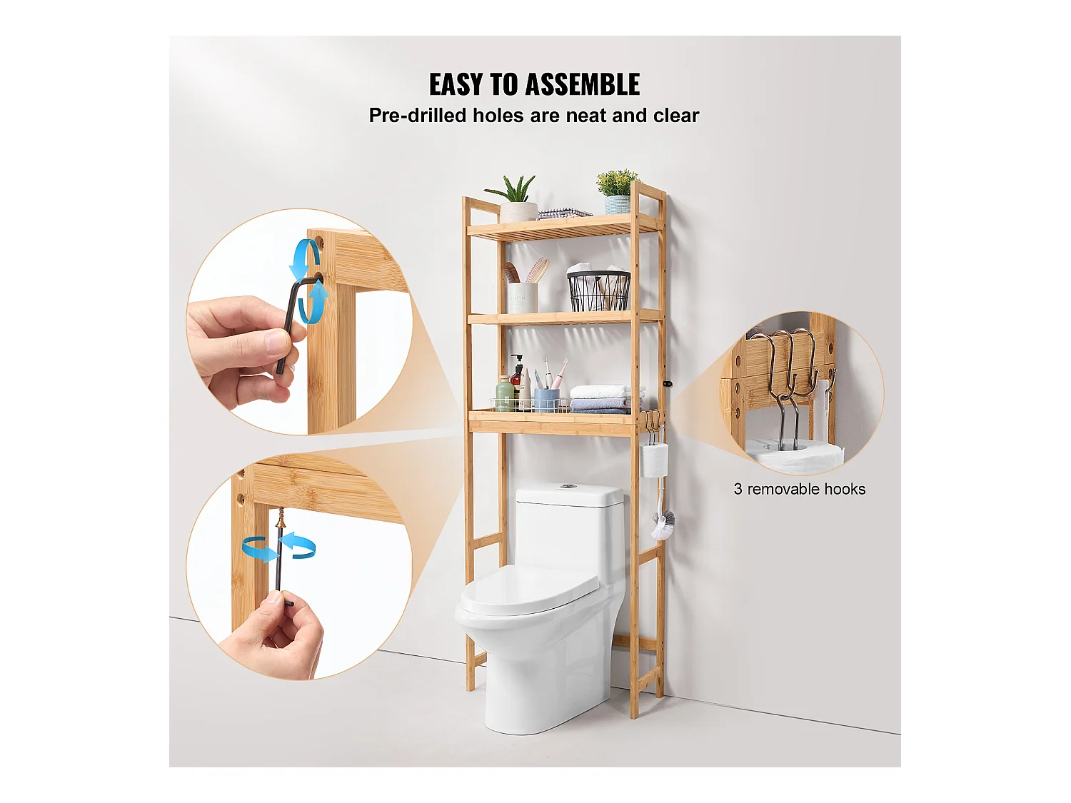 Wc Möbel SucceBuy 3-Stufiger Toiletten-Aufbewahrungsschrank, Einstellbarer Bambus-Organisator mit 3 Haken, Standalone