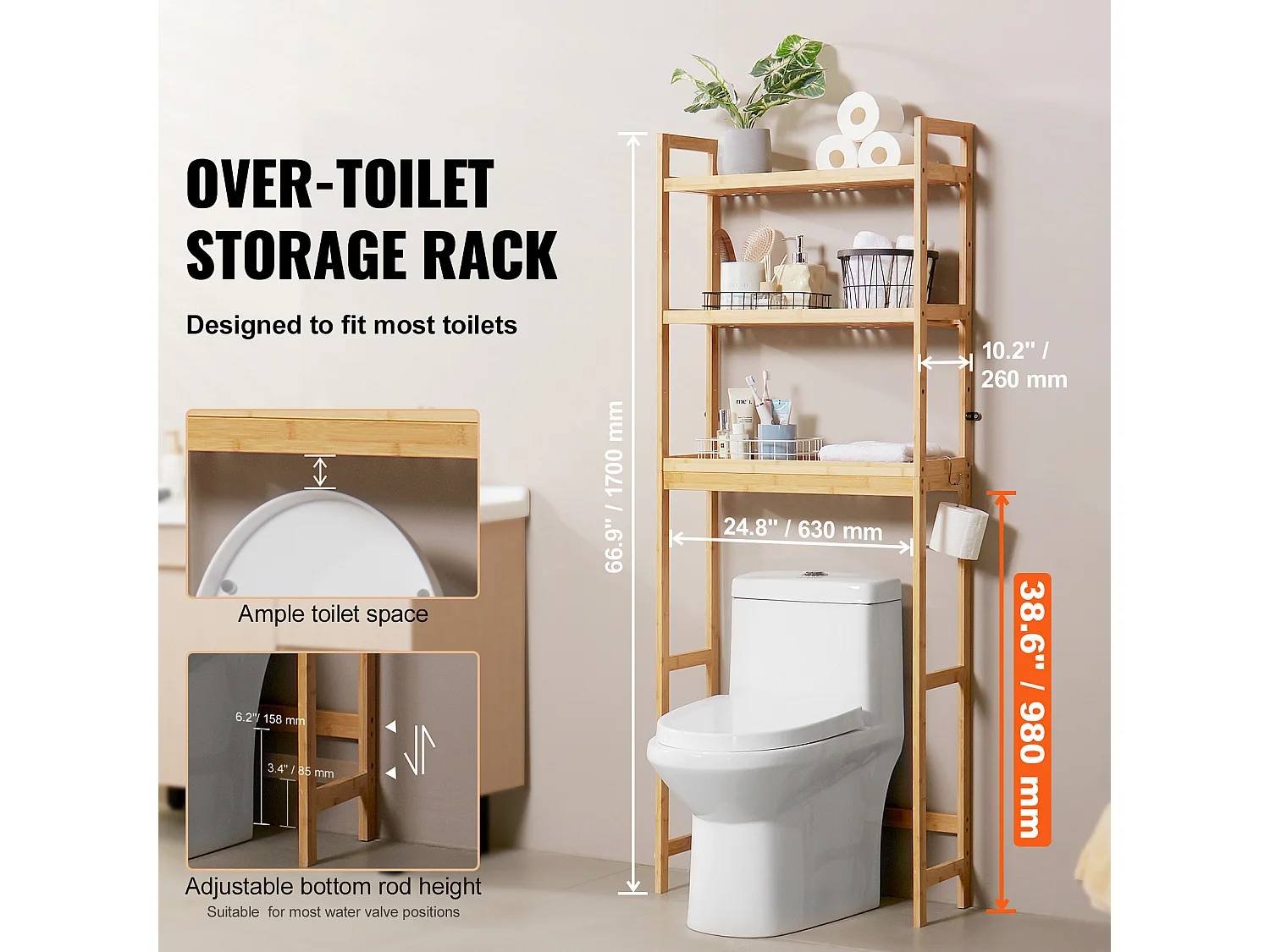 Wc Möbel SucceBuy 3-Stufiger Toiletten-Aufbewahrungsschrank, Einstellbarer Bambus-Organisator mit 3 Haken, Standalone