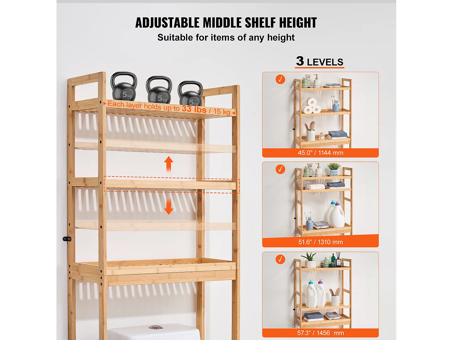 Wc Möbel SucceBuy 3-Stufiger Toiletten-Aufbewahrungsschrank, Einstellbarer Bambus-Organisator mit 3 Haken, Standalone