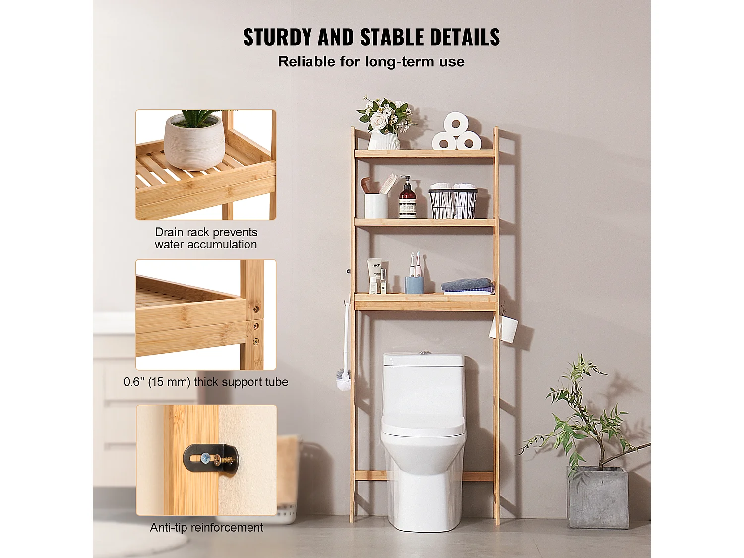 Wc Möbel SucceBuy 3-Stufiger Toiletten-Aufbewahrungsschrank, Einstellbarer Bambus-Organisator mit 3 Haken, Standalone