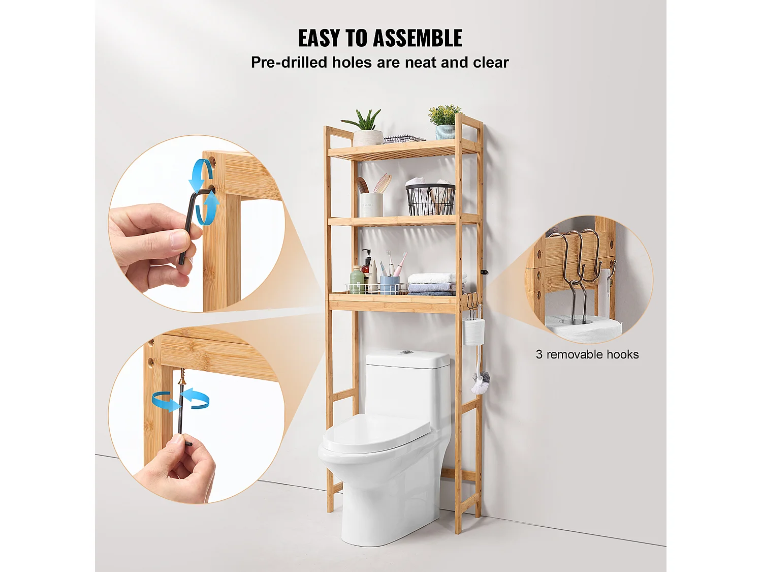 Wc Möbel SucceBuy 3-Stufiger Toiletten-Aufbewahrungsschrank, Einstellbarer Bambus-Organisator mit 3 Haken, Standalone