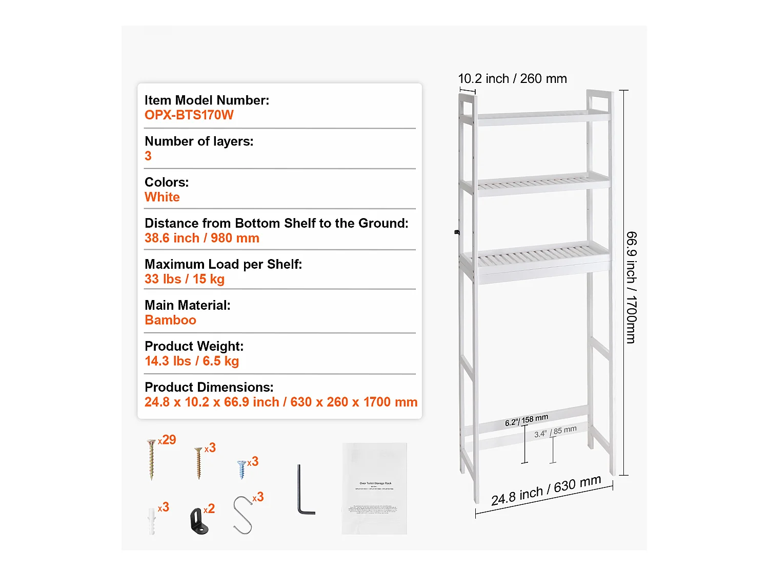 Étagère Wc Meuble SucceBuy Étagère de Rangement pour Toilettes à 3 Niveaux, Organisateur de Salle de Bain Réglable en Bambou, Blanc