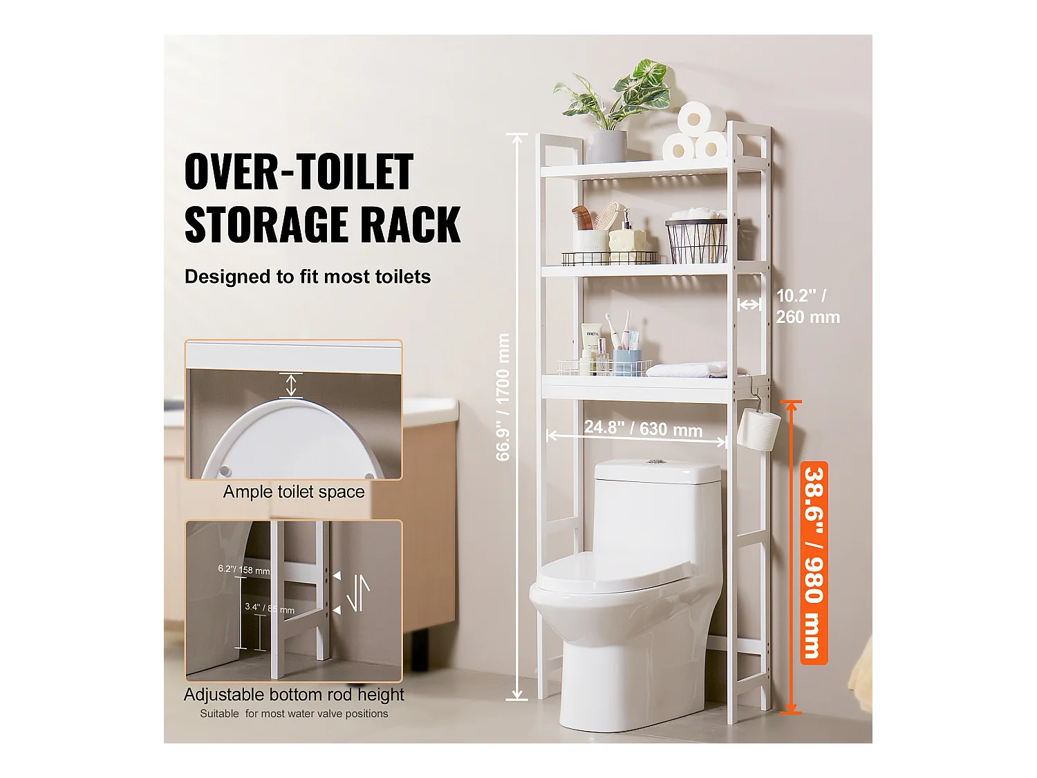 Étagère Wc Meuble SucceBuy Étagère de Rangement pour Toilettes à 3 Niveaux, Organisateur de Salle de Bain Réglable en Bambou, Blanc