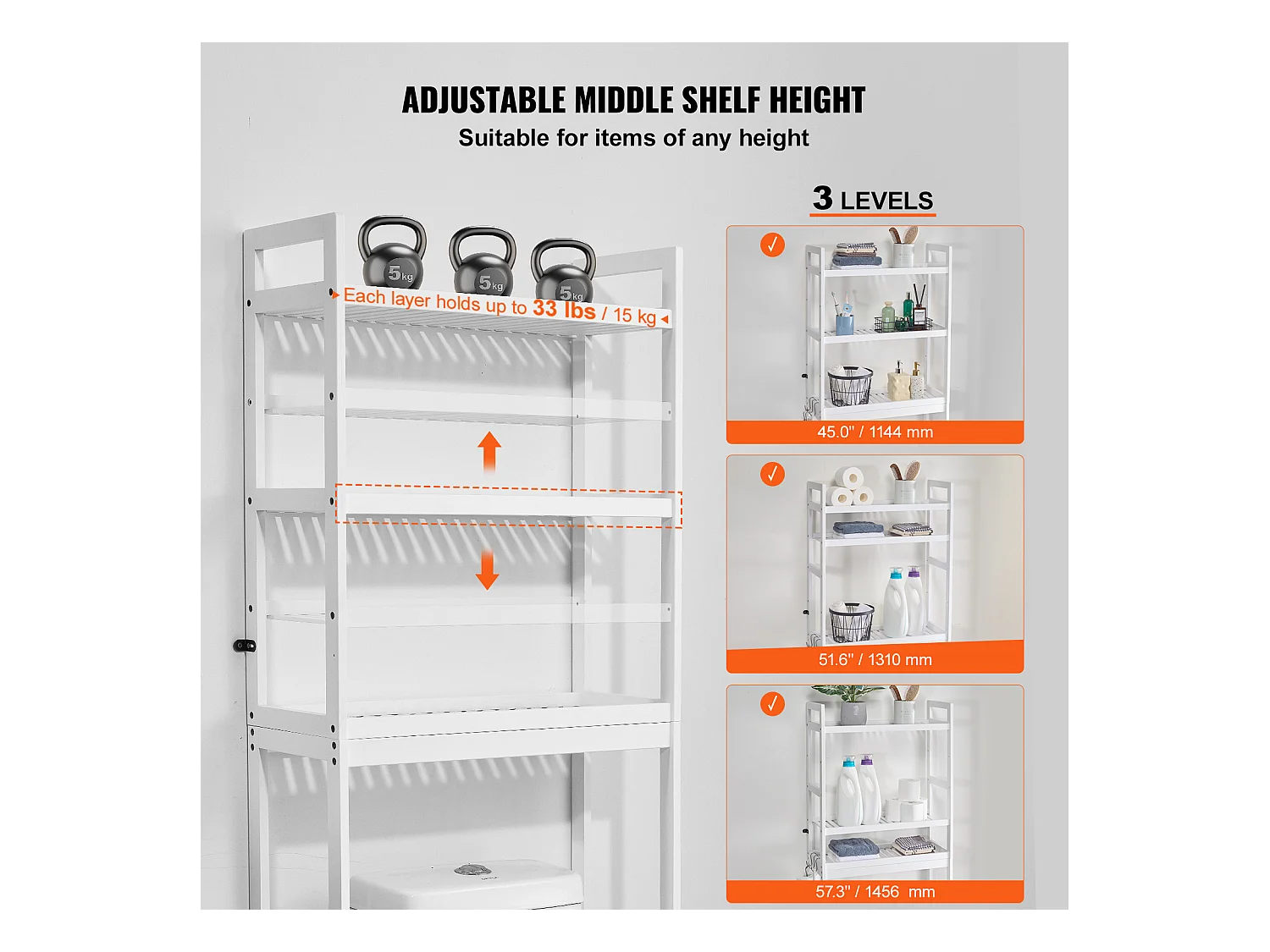 Étagère Wc Meuble SucceBuy Étagère de Rangement pour Toilettes à 3 Niveaux, Organisateur de Salle de Bain Réglable en Bambou, Blanc