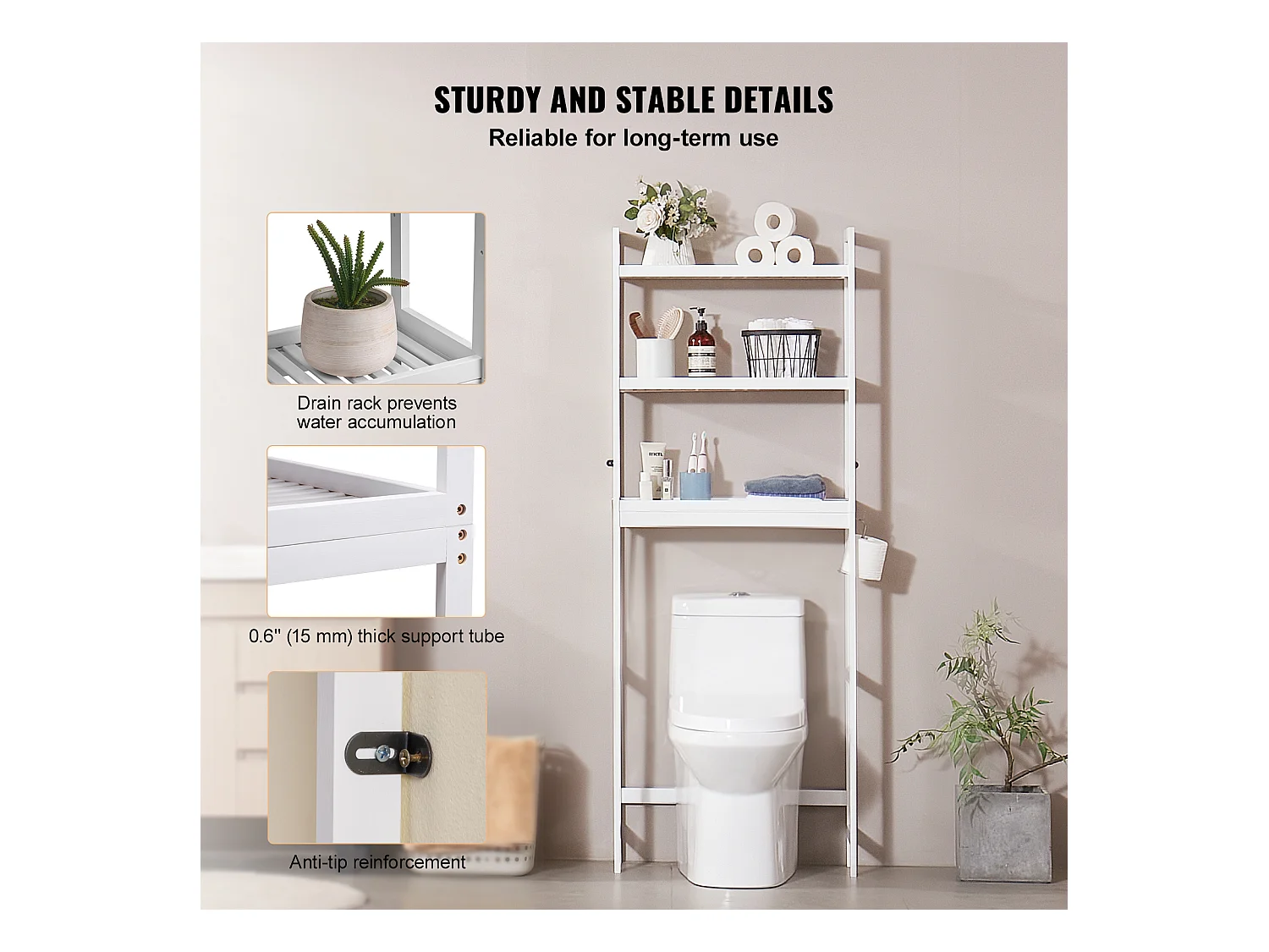 Étagère Wc Meuble SucceBuy Étagère de Rangement pour Toilettes à 3 Niveaux, Organisateur de Salle de Bain Réglable en Bambou, Blanc