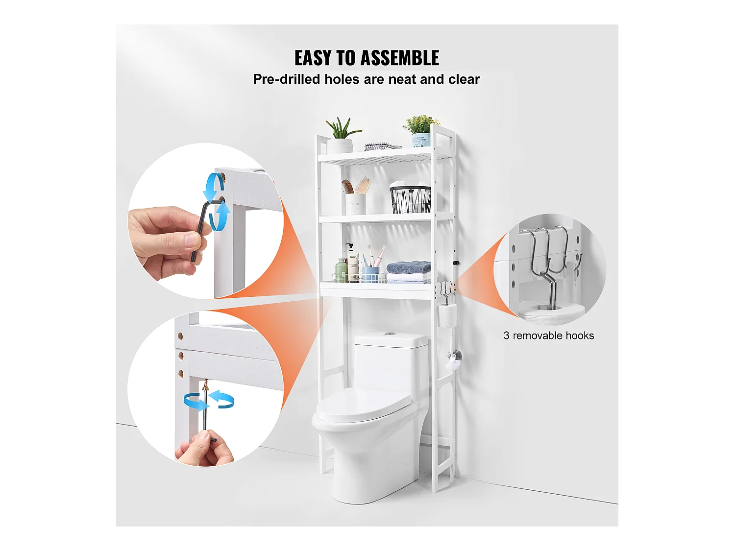 Étagère Wc Meuble SucceBuy Étagère de Rangement pour Toilettes à 3 Niveaux, Organisateur de Salle de Bain Réglable en Bambou, Blanc