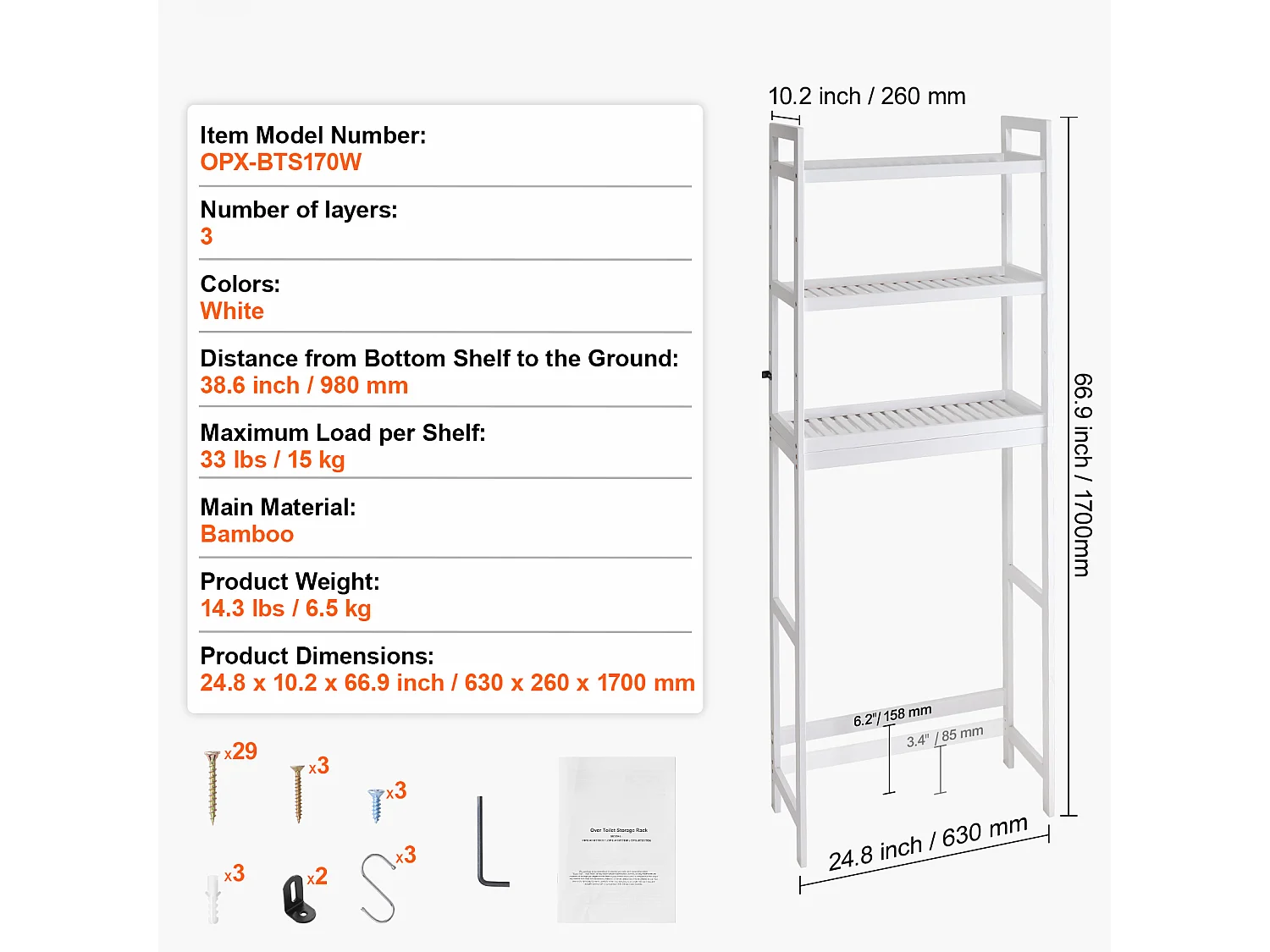 Étagère Wc Meuble SucceBuy Étagère de Rangement pour Toilettes à 3 Niveaux, Organisateur de Salle de Bain Réglable en Bambou, Blanc