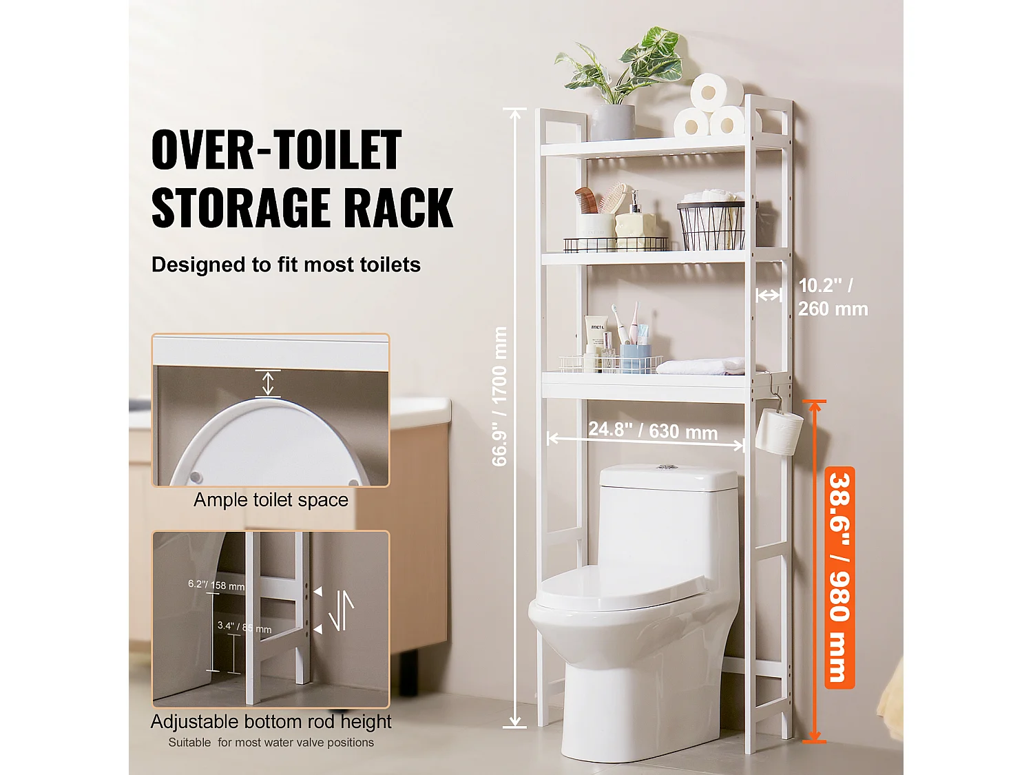 Étagère Wc Meuble SucceBuy Étagère de Rangement pour Toilettes à 3 Niveaux, Organisateur de Salle de Bain Réglable en Bambou, Blanc