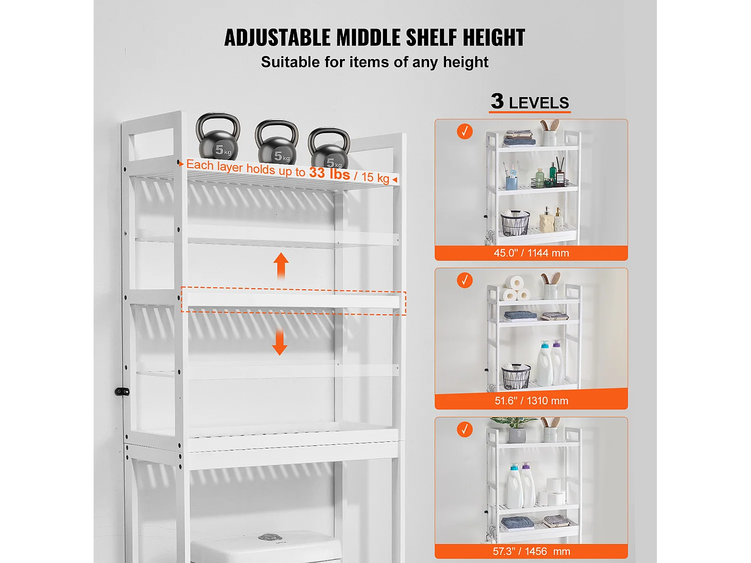 Étagère Wc Meuble SucceBuy Étagère de Rangement pour Toilettes à 3 Niveaux, Organisateur de Salle de Bain Réglable en Bambou, Blanc