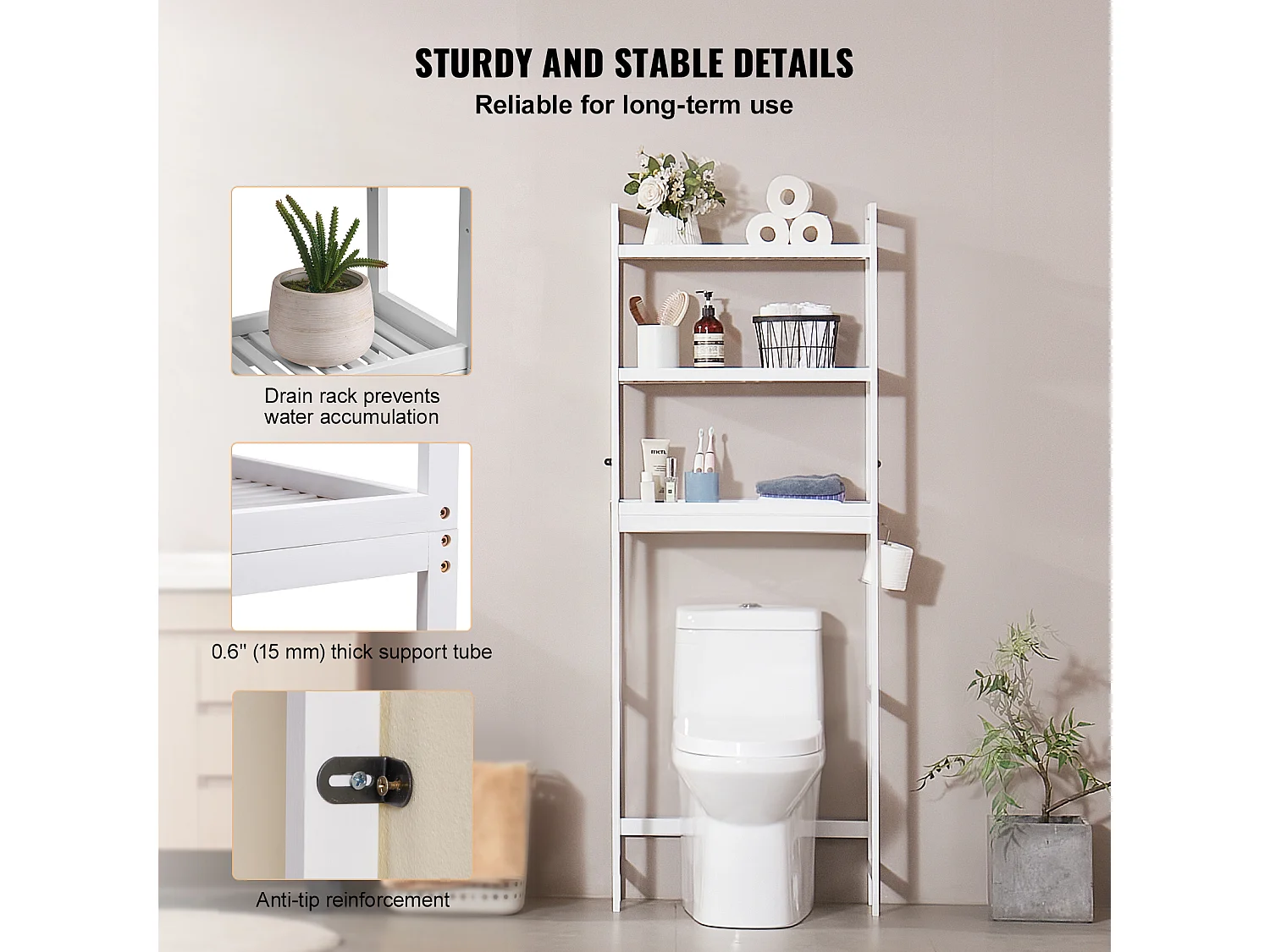 Étagère Wc Meuble SucceBuy Étagère de Rangement pour Toilettes à 3 Niveaux, Organisateur de Salle de Bain Réglable en Bambou, Blanc