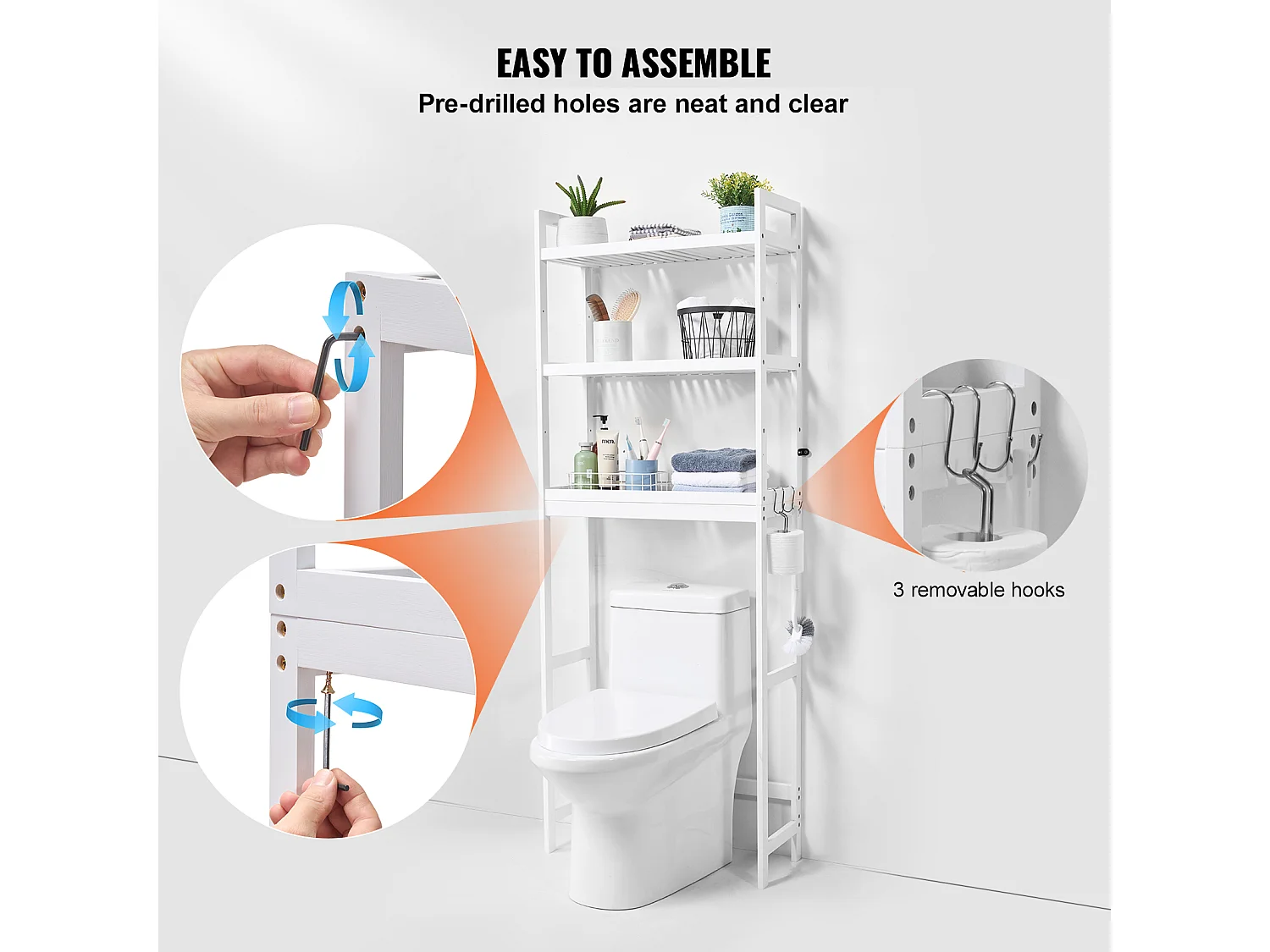 Étagère Wc Meuble SucceBuy Étagère de Rangement pour Toilettes à 3 Niveaux, Organisateur de Salle de Bain Réglable en Bambou, Blanc