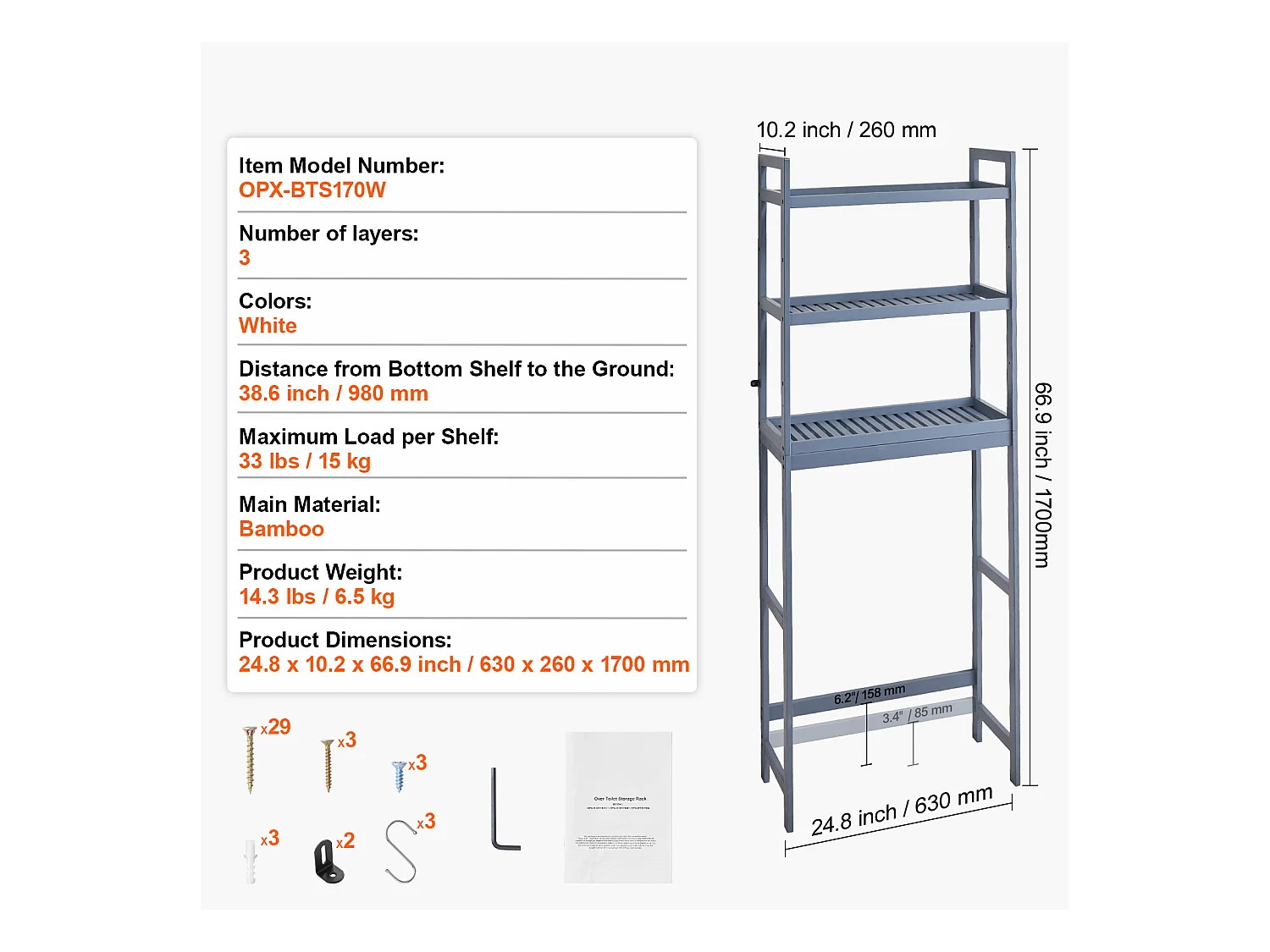 Étagère Wc Meuble SucceBuy Étagère de Rangement à 3 Niveaux pour Toilettes, Organisateur réglable en Bambou avec Crochets, Gris