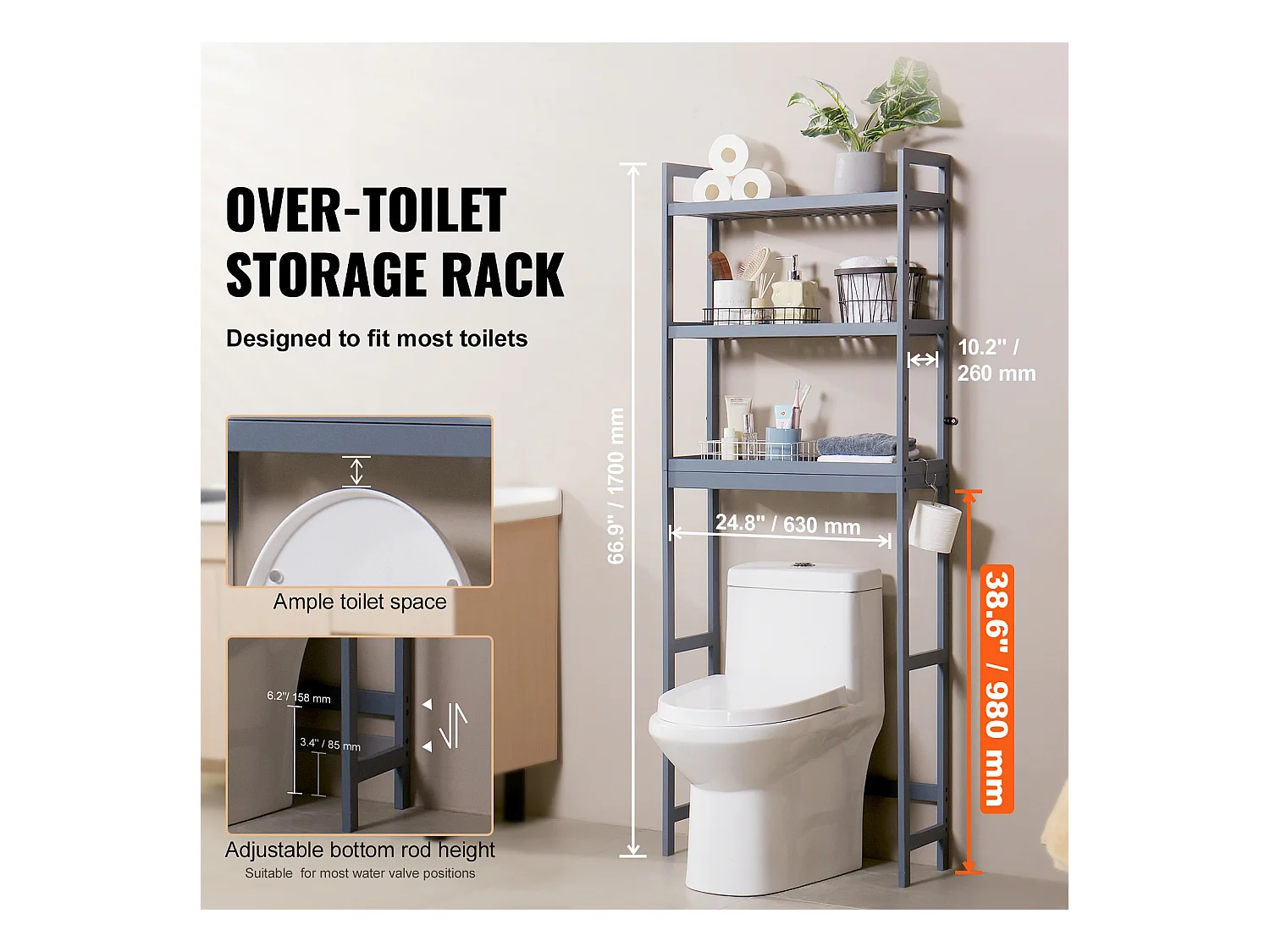 Étagère Wc Meuble SucceBuy Étagère de Rangement à 3 Niveaux pour Toilettes, Organisateur réglable en Bambou avec Crochets, Gris