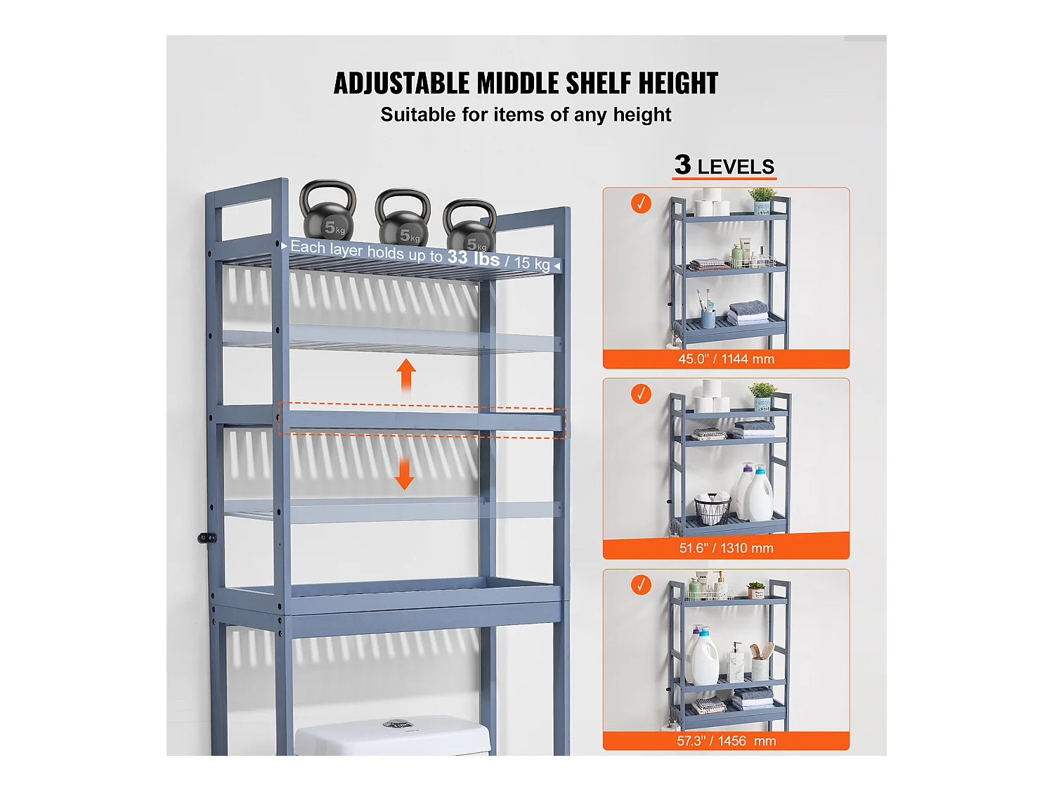 Étagère Wc Meuble SucceBuy Étagère de Rangement à 3 Niveaux pour Toilettes, Organisateur réglable en Bambou avec Crochets, Gris