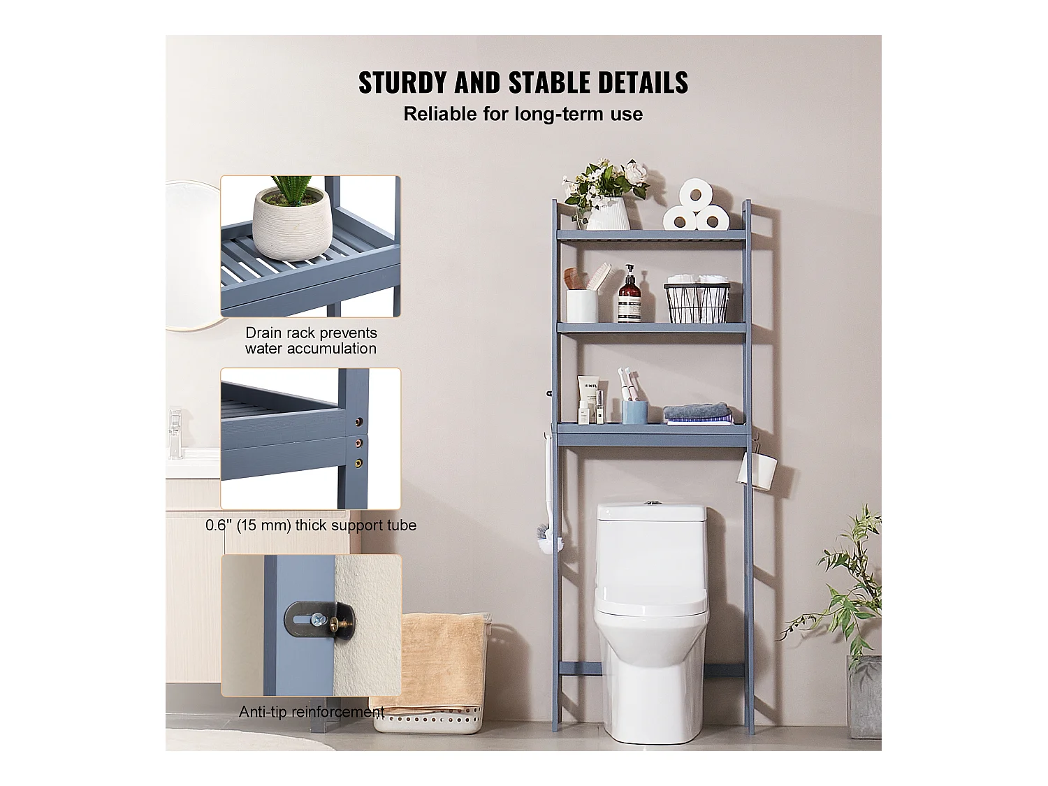 Étagère Wc Meuble SucceBuy Étagère de Rangement à 3 Niveaux pour Toilettes, Organisateur réglable en Bambou avec Crochets, Gris