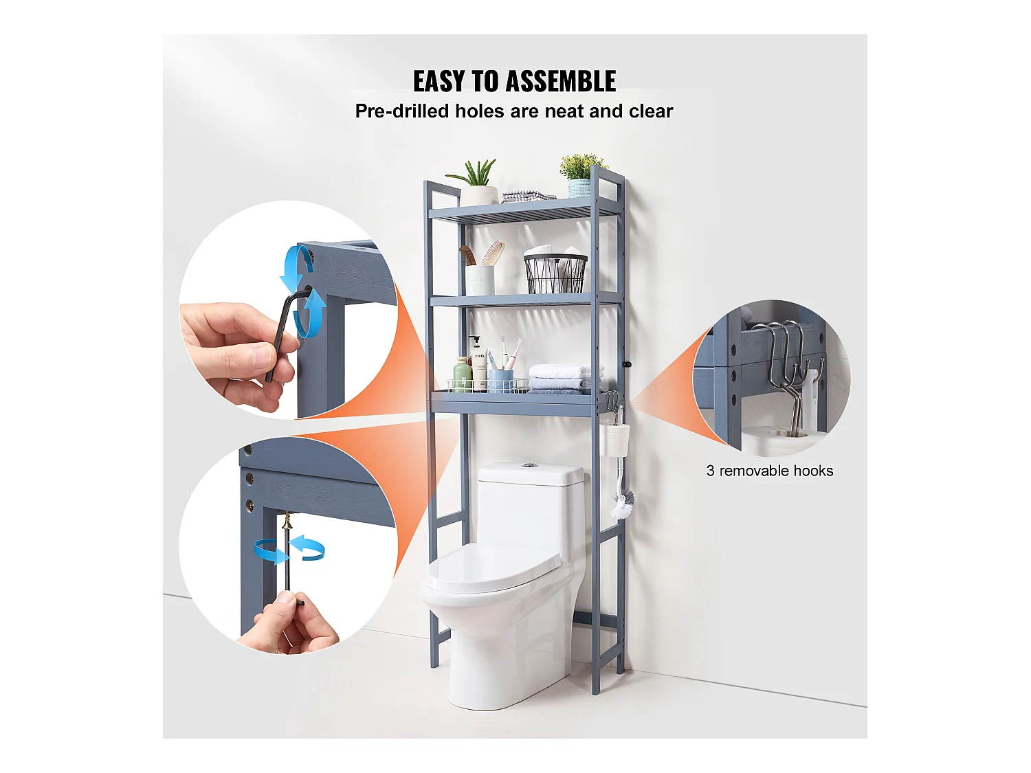 Étagère Wc Meuble SucceBuy Étagère de Rangement à 3 Niveaux pour Toilettes, Organisateur réglable en Bambou avec Crochets, Gris
