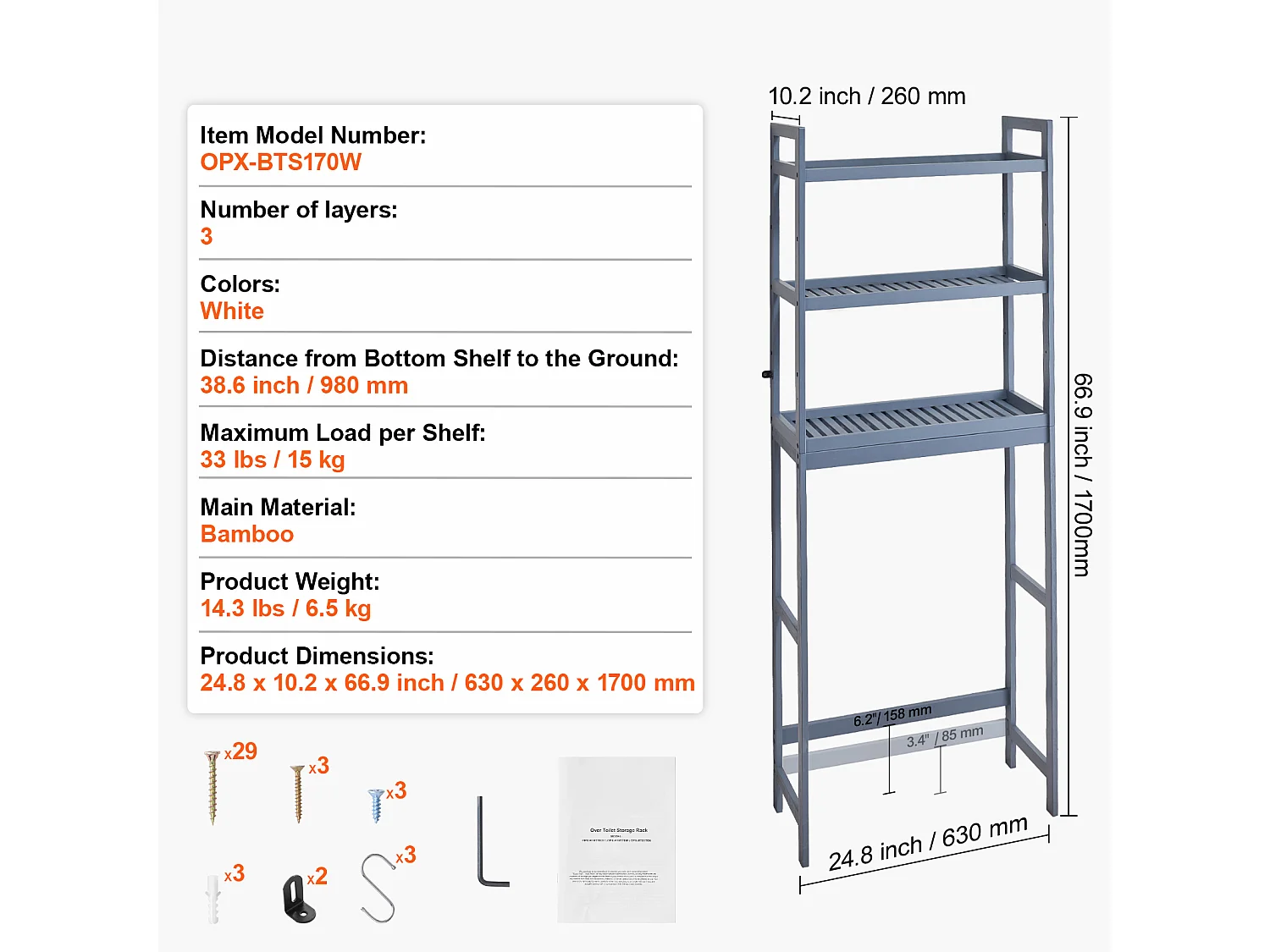 Étagère Wc Meuble SucceBuy Étagère de Rangement à 3 Niveaux pour Toilettes, Organisateur réglable en Bambou avec Crochets, Gris