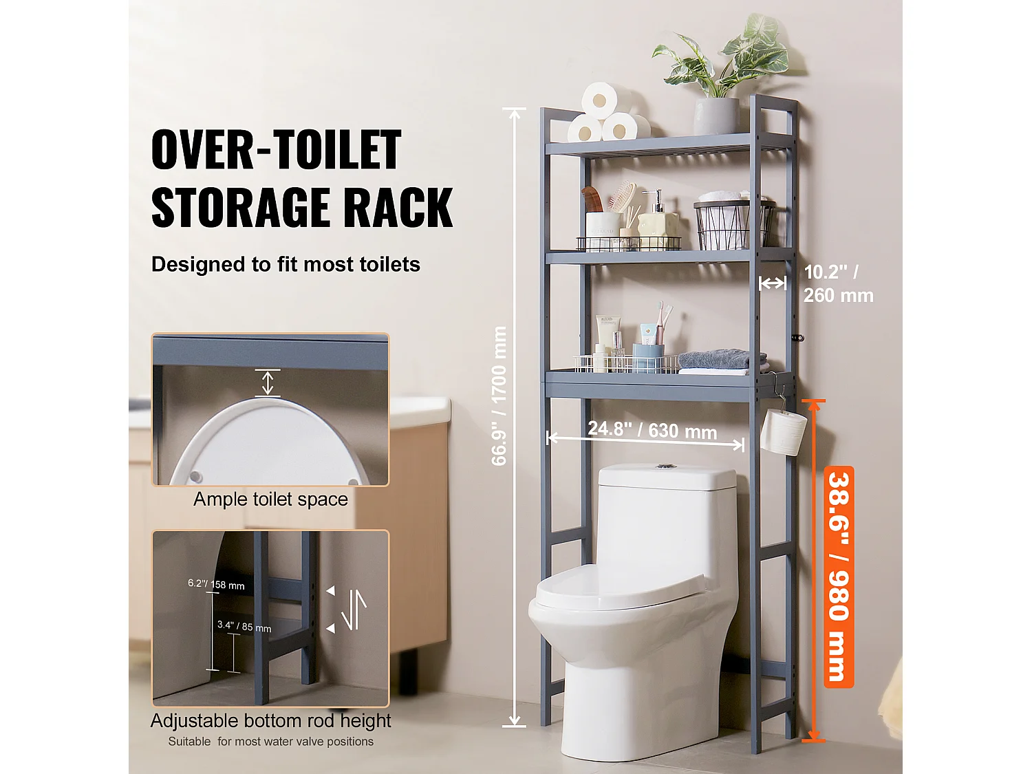 Étagère Wc Meuble SucceBuy Étagère de Rangement à 3 Niveaux pour Toilettes, Organisateur réglable en Bambou avec Crochets, Gris