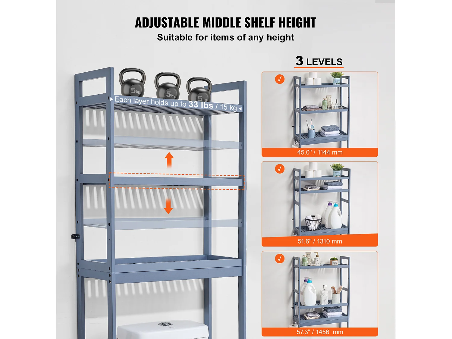 Étagère Wc Meuble SucceBuy Étagère de Rangement à 3 Niveaux pour Toilettes, Organisateur réglable en Bambou avec Crochets, Gris