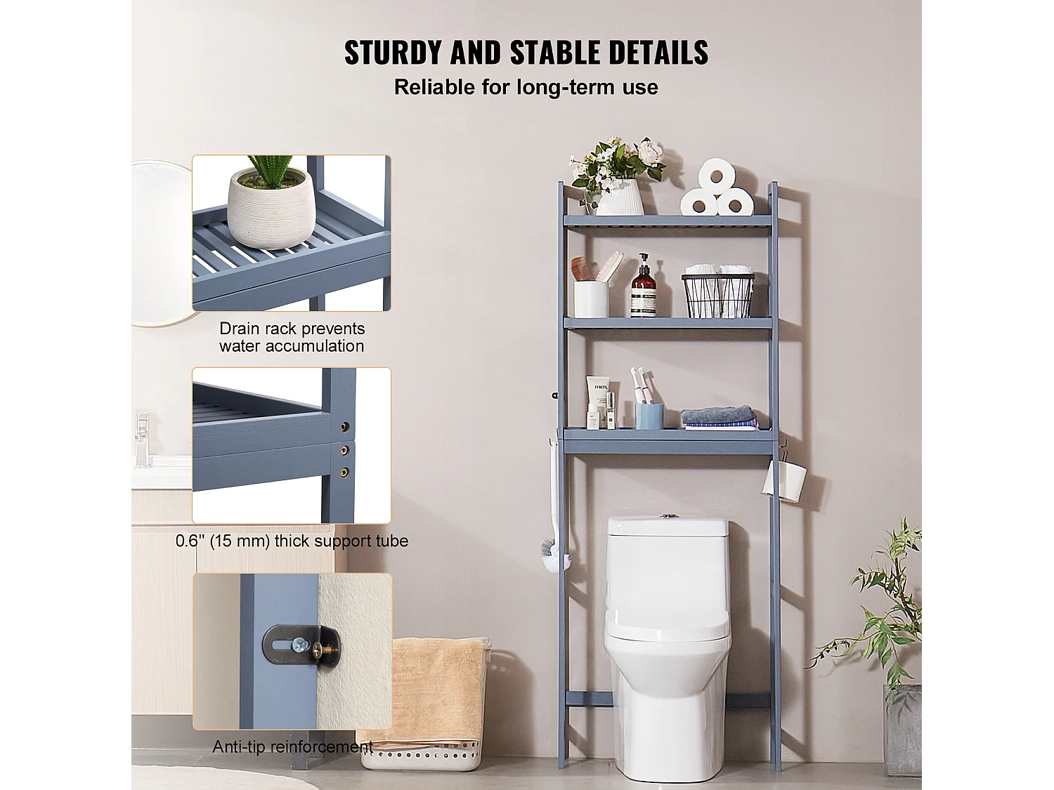 Étagère Wc Meuble SucceBuy Étagère de Rangement à 3 Niveaux pour Toilettes, Organisateur réglable en Bambou avec Crochets, Gris