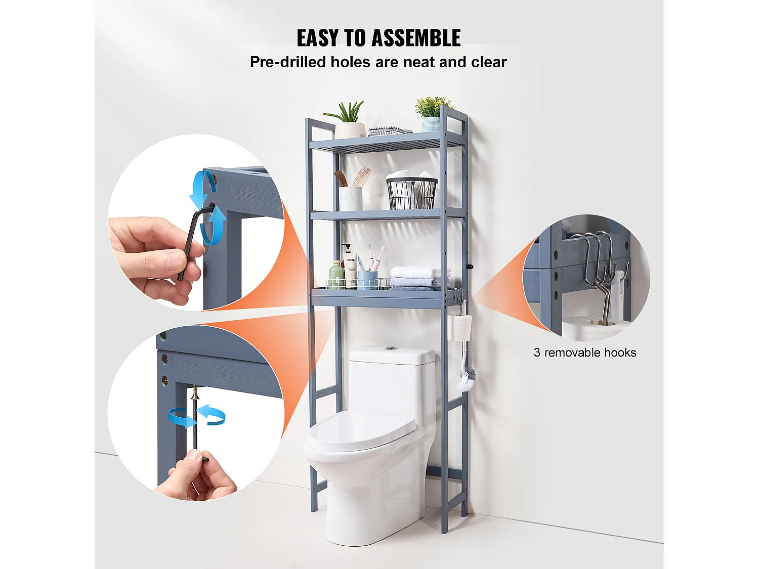 Étagère Wc Meuble SucceBuy Étagère de Rangement à 3 Niveaux pour Toilettes, Organisateur réglable en Bambou avec Crochets, Gris
