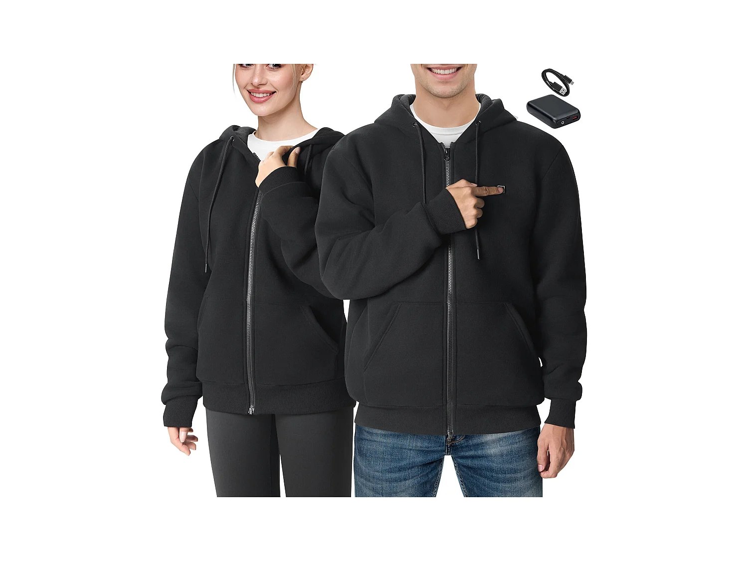 Sweat à Capuche Chauffant SucceBuy, 7,4 V, 5 Zones de Chauffage, Veste Zippée Unisexe, Noir, Taille XL