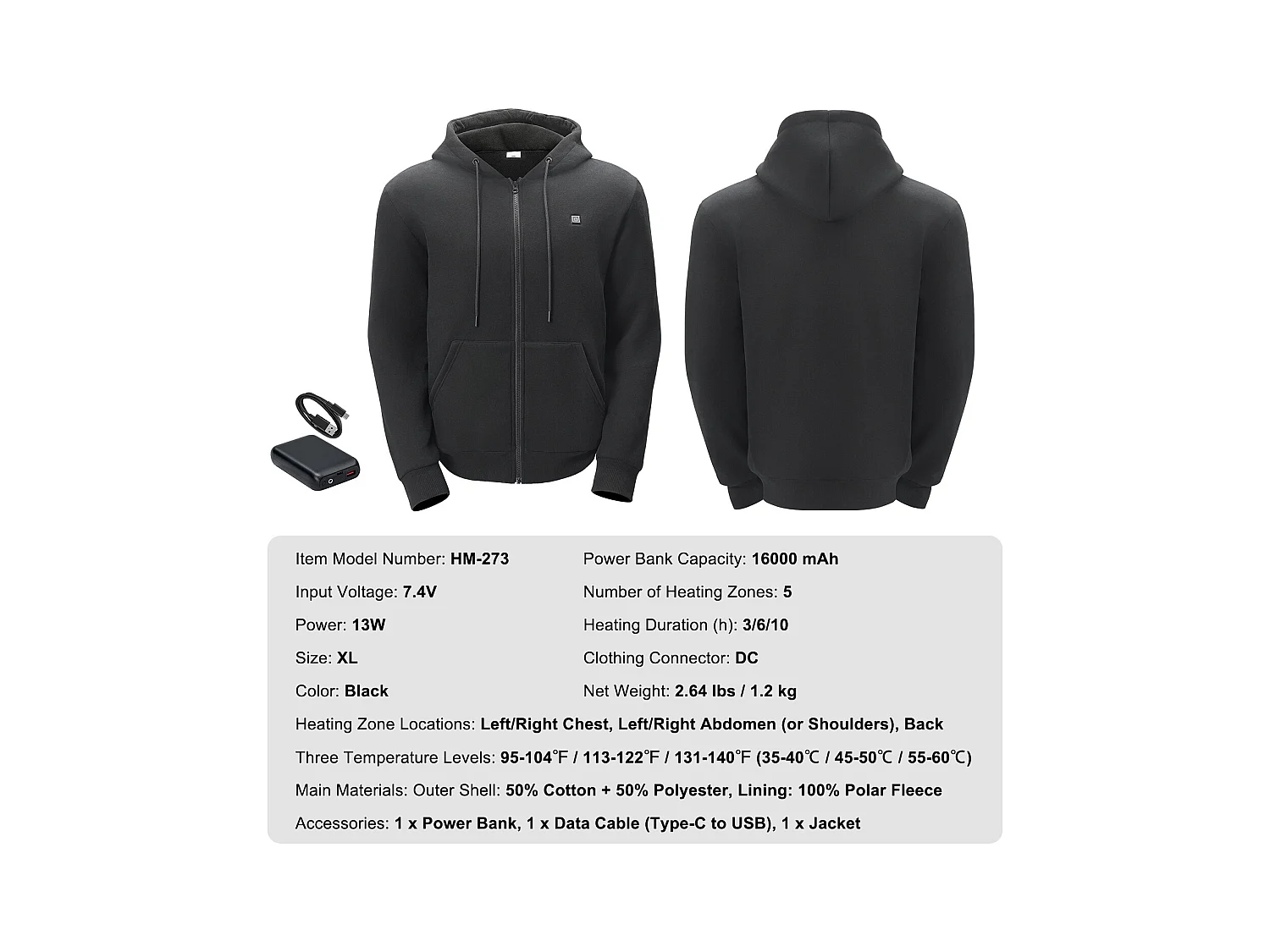 Sweat à Capuche Chauffant SucceBuy, 7,4 V, 5 Zones de Chauffage, Veste Zippée Unisexe, Noir, Taille XL