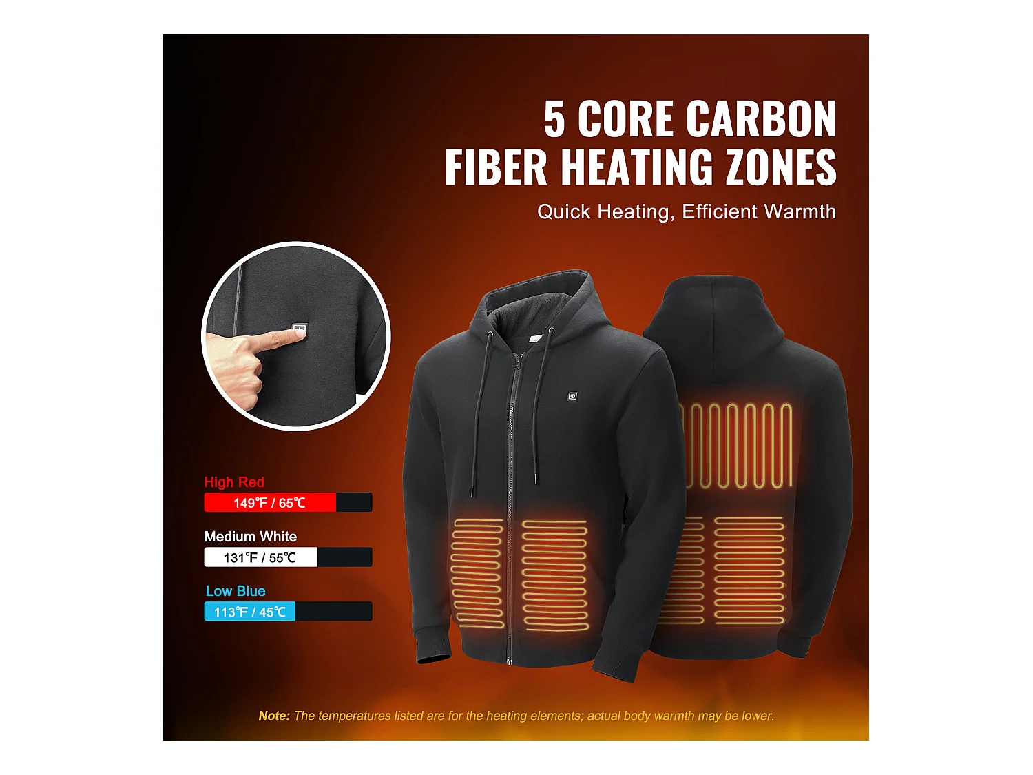 Sweat à Capuche Chauffant SucceBuy, 7,4 V, 5 Zones de Chauffage, Veste Zippée Unisexe, Noir, Taille XL