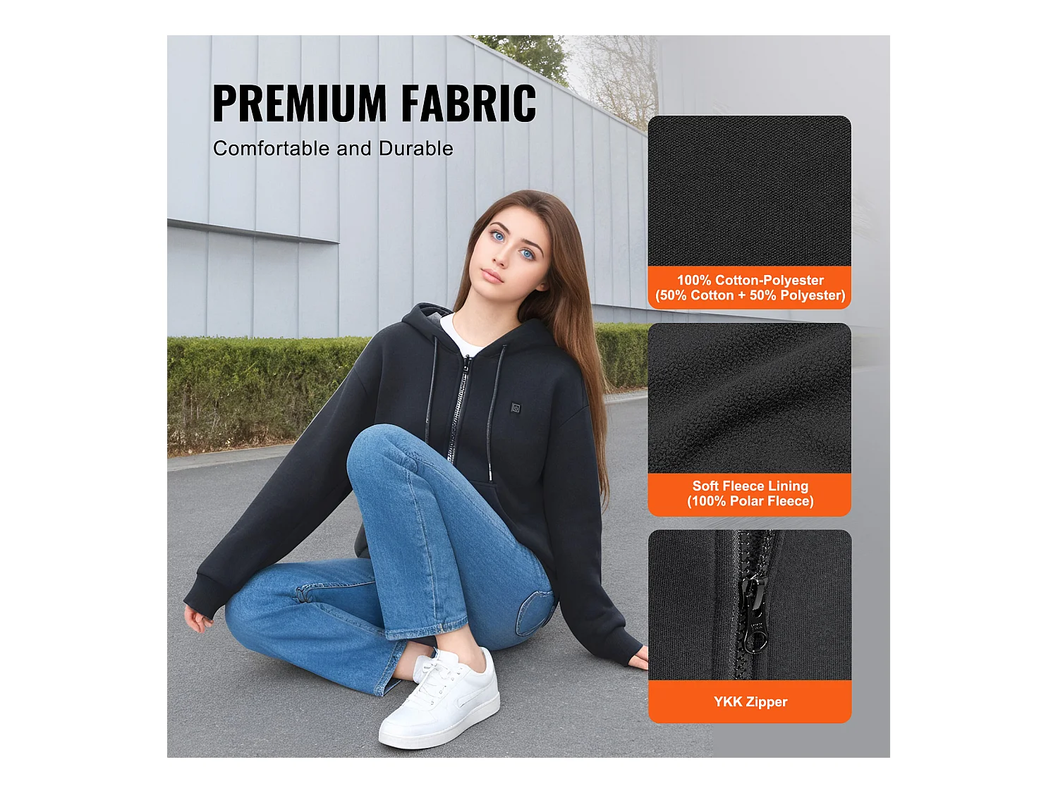 Sweat à Capuche Chauffant SucceBuy, 7,4 V, 5 Zones de Chauffage, Veste Zippée Unisexe, Noir, Taille XL