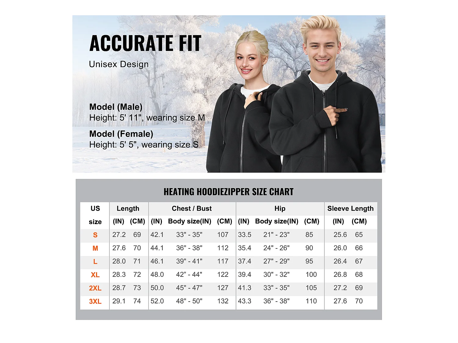 Sweat à Capuche Chauffant SucceBuy, 7,4 V, 5 Zones de Chauffage, Veste Zippée Unisexe, Noir, Taille XL