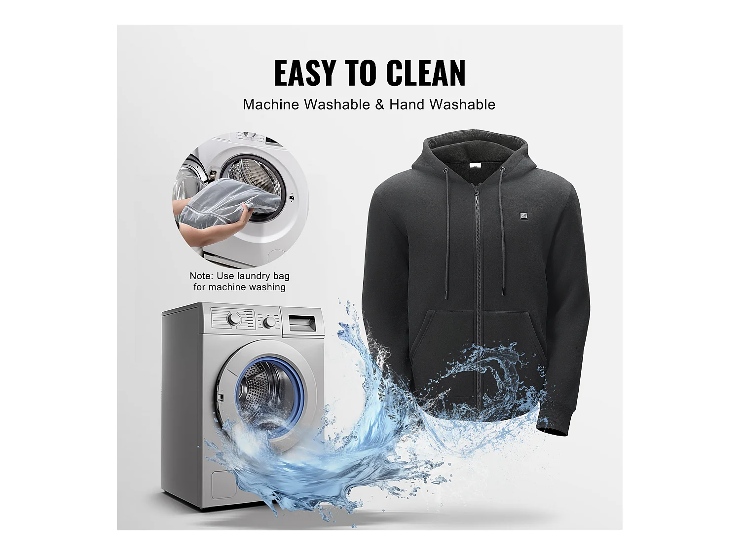 Sweat à Capuche Chauffant SucceBuy, 7,4 V, 5 Zones de Chauffage, Veste Zippée Unisexe, Noir, Taille XL