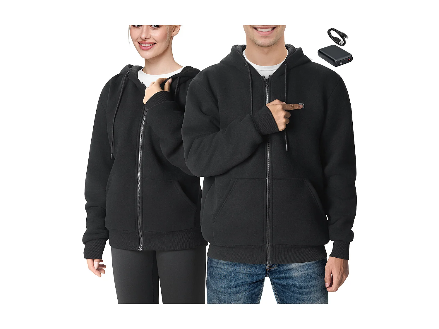 Sweat à Capuche Chauffant SucceBuy, 7,4 V, 5 Zones de Chauffage, Veste Zippée Unisexe, Noir, Taille XL