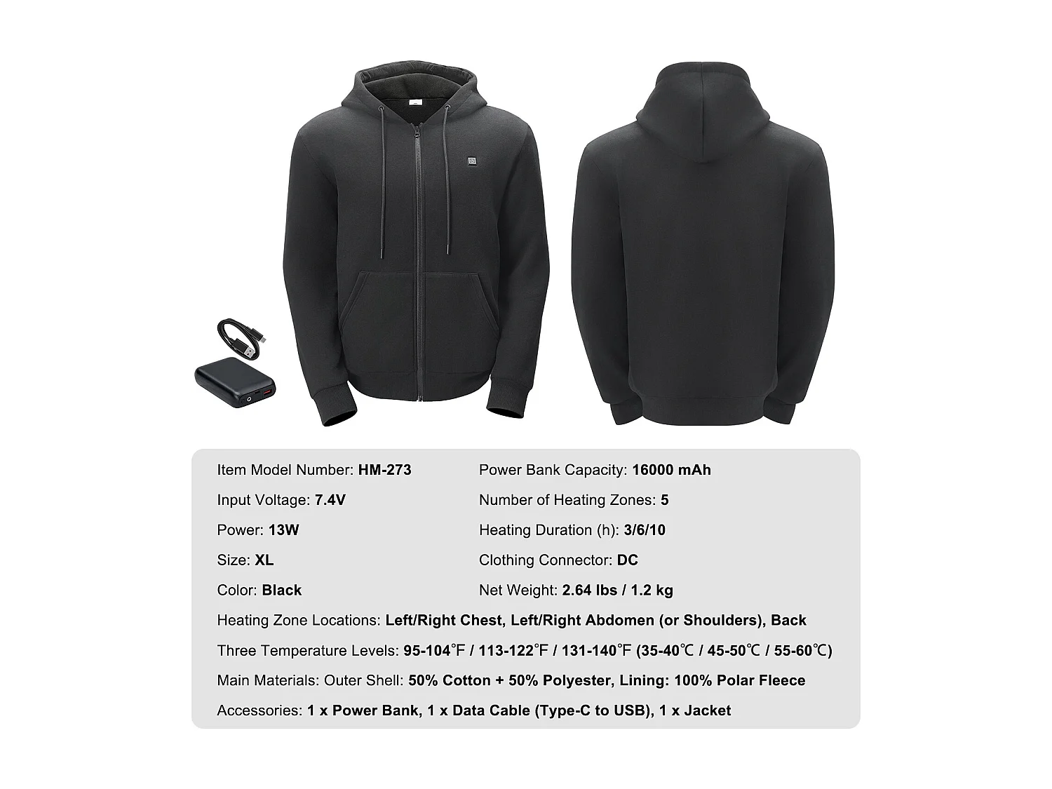 Sweat à Capuche Chauffant SucceBuy, 7,4 V, 5 Zones de Chauffage, Veste Zippée Unisexe, Noir, Taille XL