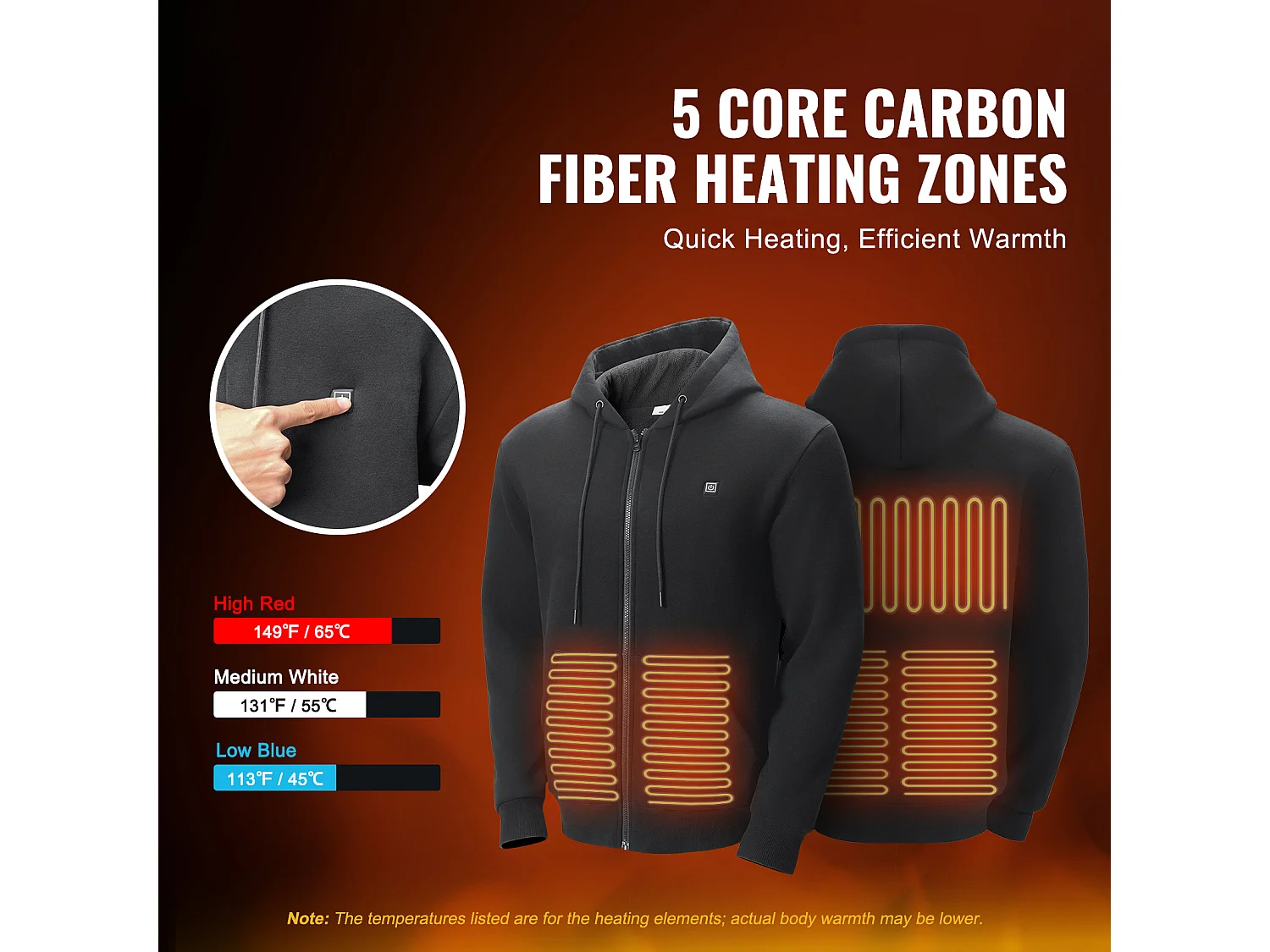 Sweat à Capuche Chauffant SucceBuy, 7,4 V, 5 Zones de Chauffage, Veste Zippée Unisexe, Noir, Taille XL