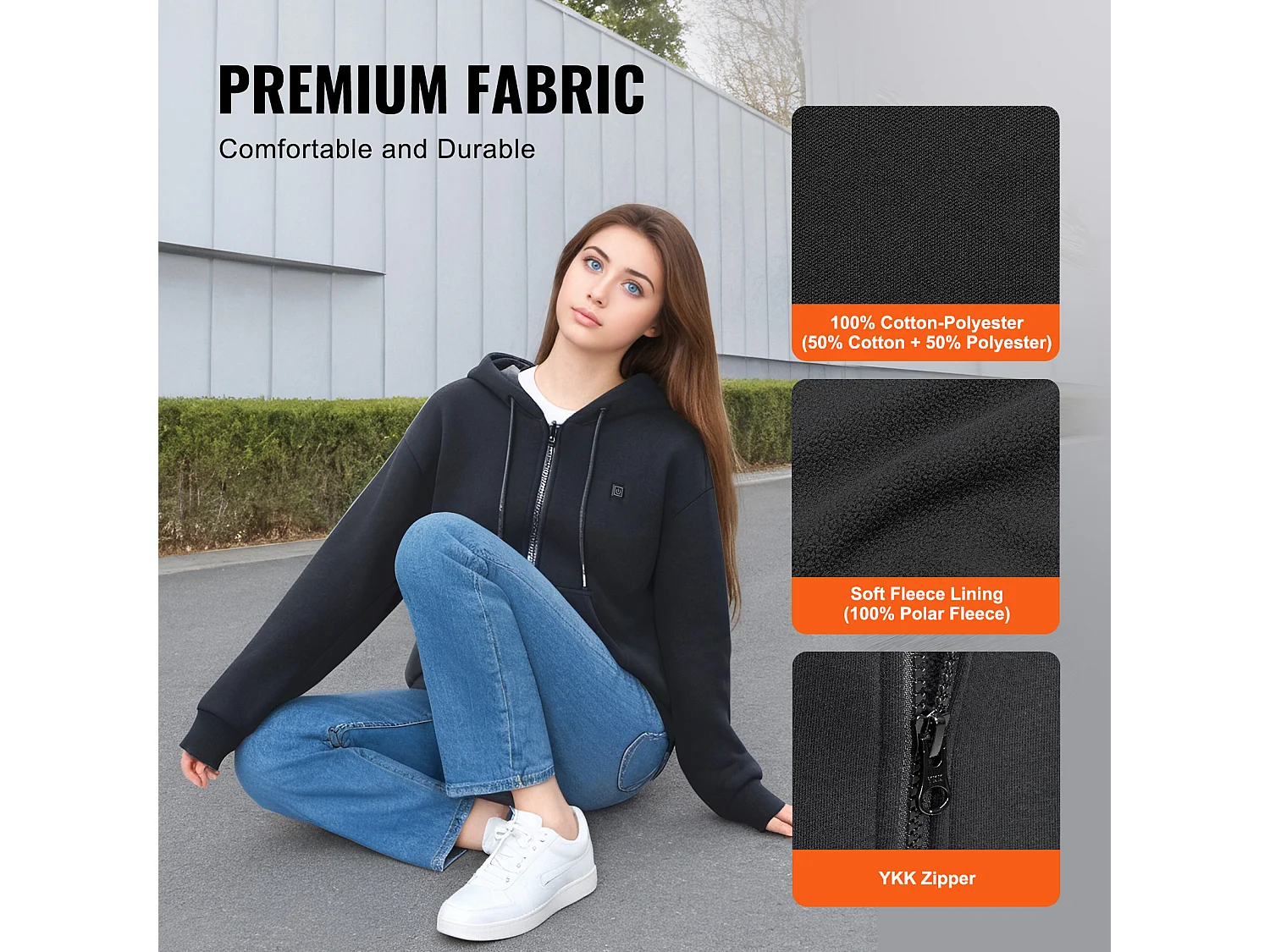 Sweat à Capuche Chauffant SucceBuy, 7,4 V, 5 Zones de Chauffage, Veste Zippée Unisexe, Noir, Taille XL