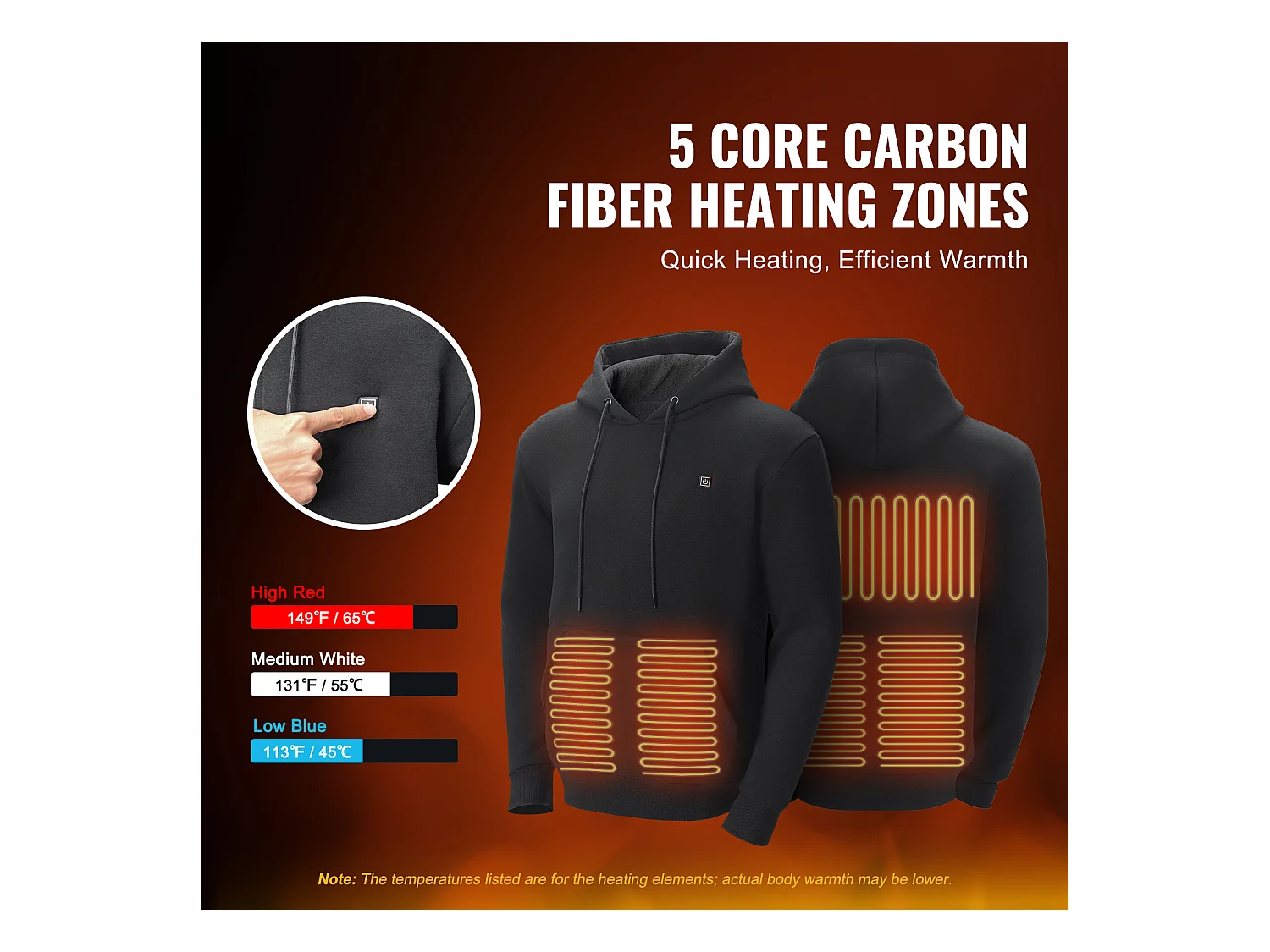 Sweat à Capuche Chauffant SucceBuy, 7,4 V, 5 Zones de Chauffage, Veste Électrique, Taille L, Noir