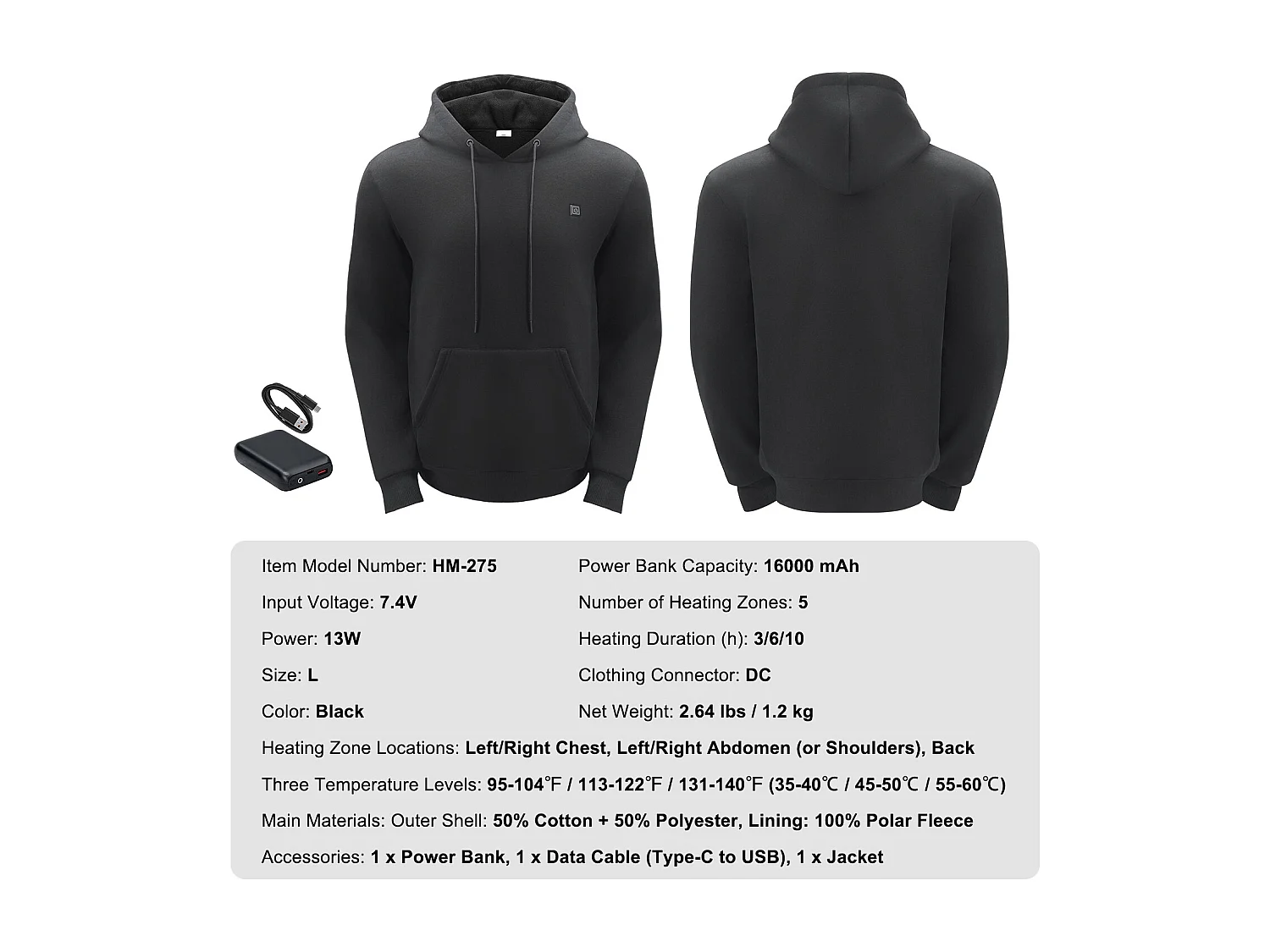 Sweat à Capuche Chauffant SucceBuy, 7,4 V, 5 Zones de Chauffage, Veste Électrique, Taille L, Noir