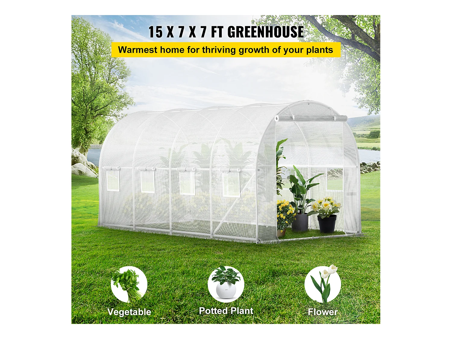 Serre Tunnel SucceBuy 457.2x213.36x213.36 cm Walk-In Greennel Greenhouse, Frame Galvanisé et Couvercle Étanche