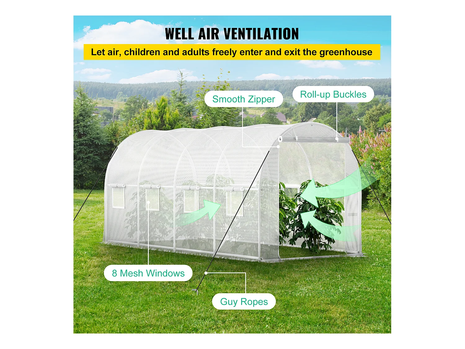 Serre Tunnel SucceBuy 457.2x213.36x213.36 cm Walk-In Greennel Greenhouse, Frame Galvanisé et Couvercle Étanche