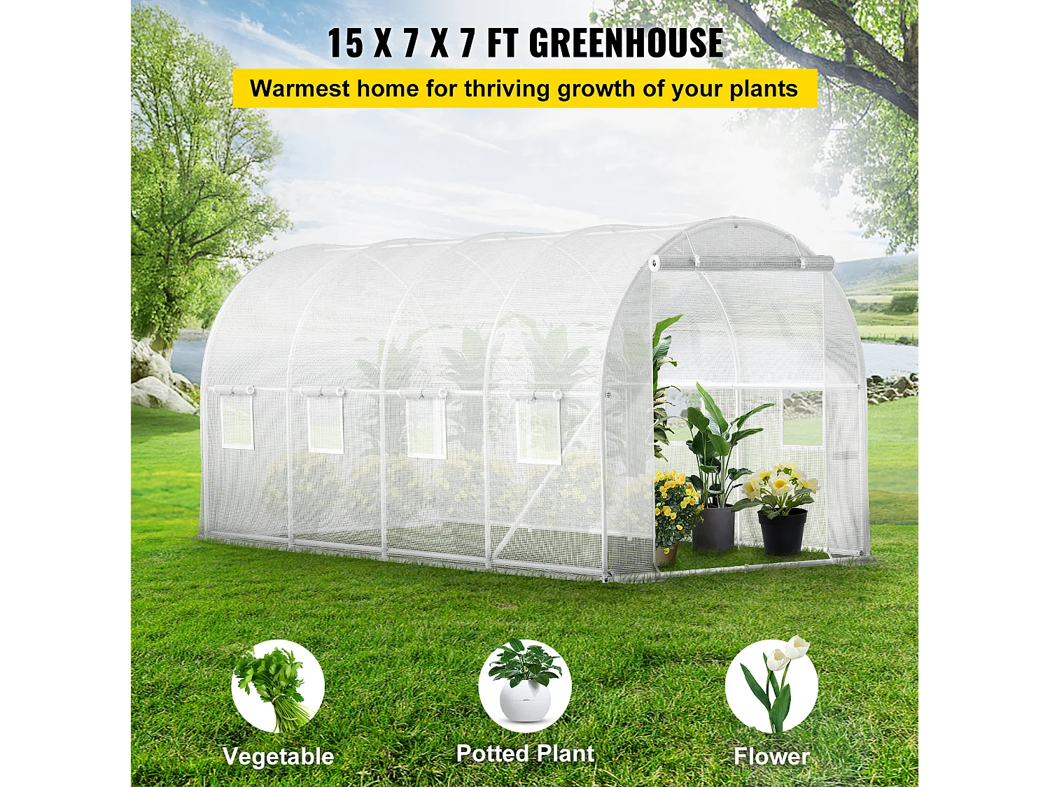 Invernadero Tipo Túnel SucceBuy 457,2 x 213,36 x 213,36 cm Invernadero para Caminar, Estructura Galvanizada y Cubierta Impermeable