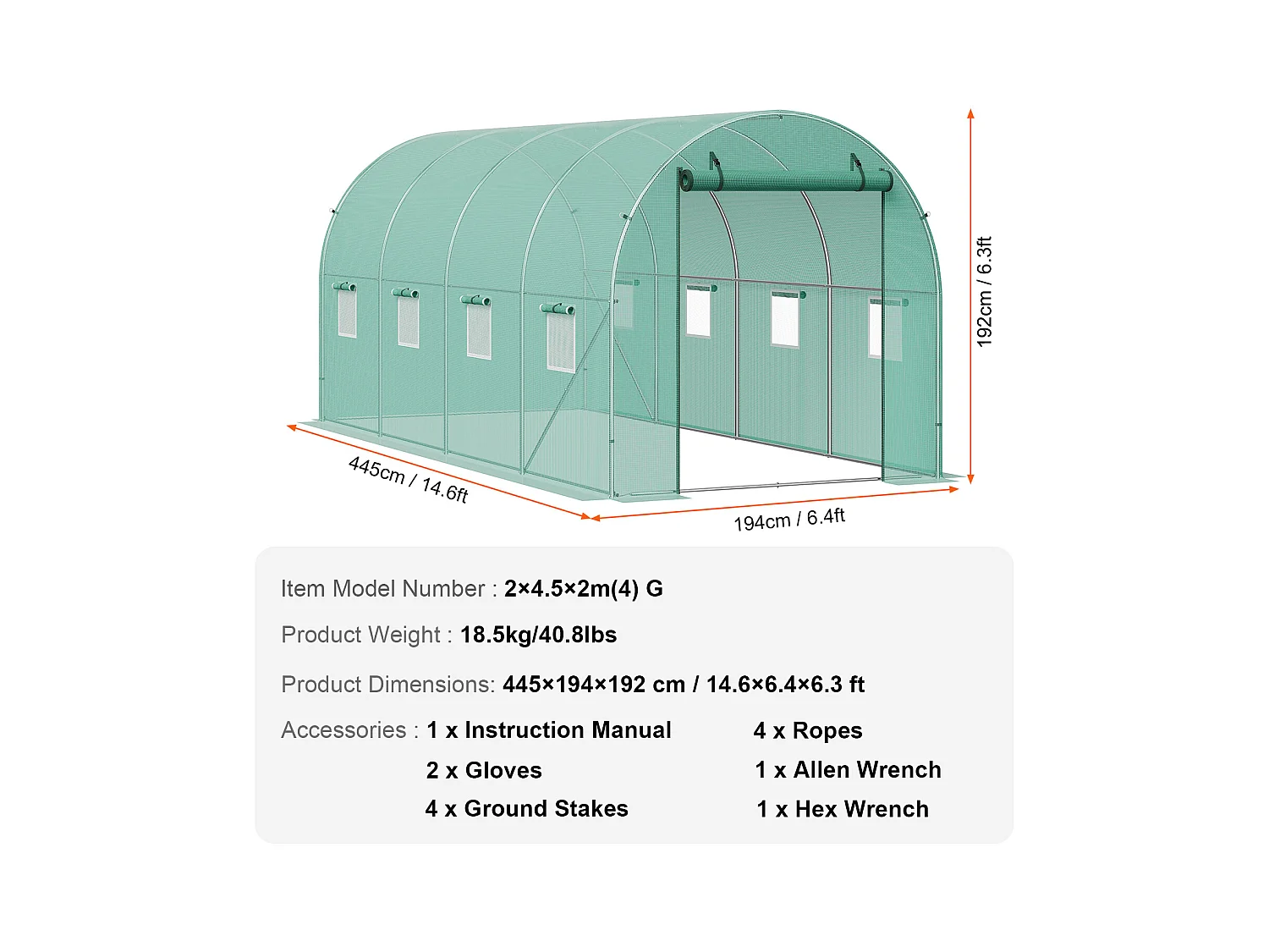 Invernadero Tipo Túnel SucceBuy 4,4 x 1,9 x 1,9 m, Estructura Galvanizada, Cubierta de PE, Verde