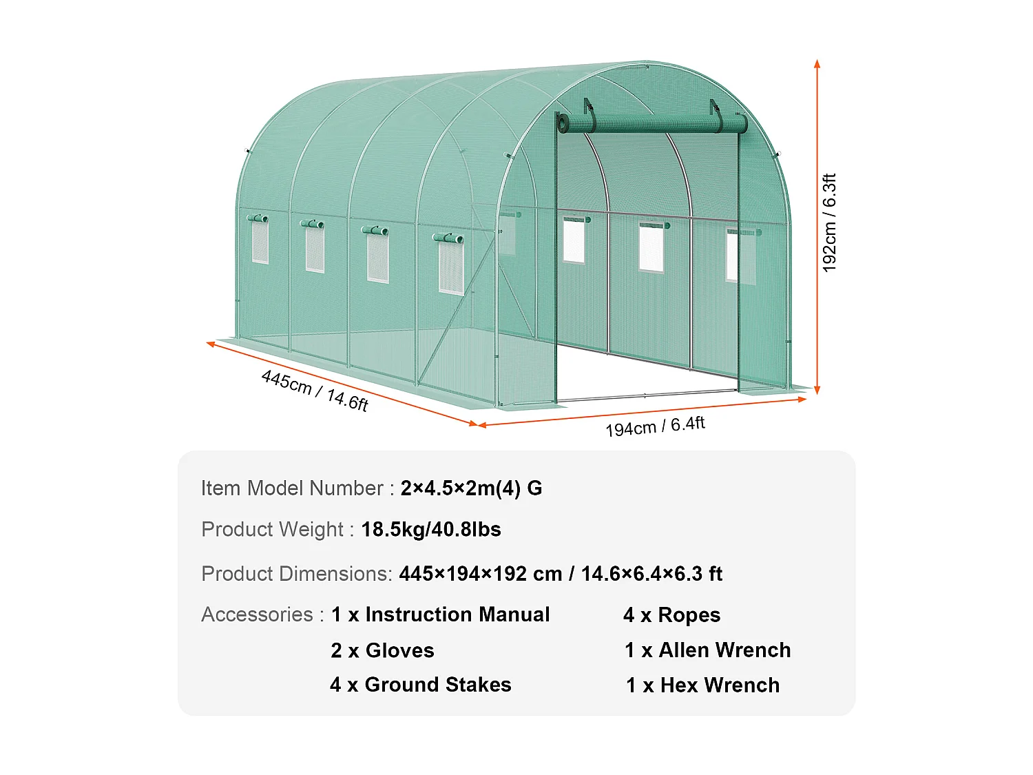Serre Tunnel SucceBuy, 4,4 x 1,9 x 1,9 m, Cadre Galvanisé, Couverture PE, Verte