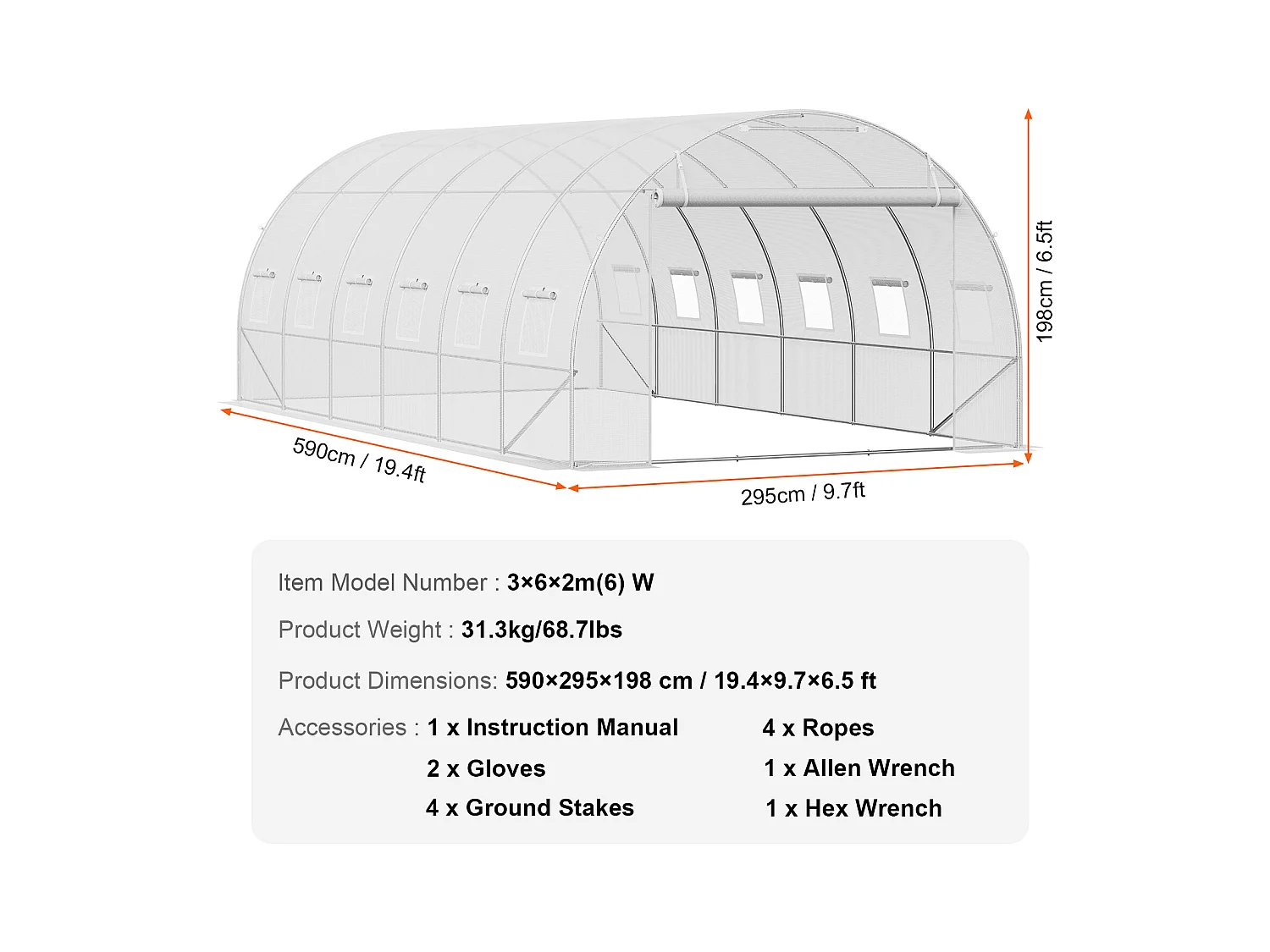 Serre Tunnel SucceBuy, 5,8 x 2,8 x 2,0 m, Cadre Galvanisé, Revêtement PE, Blanc